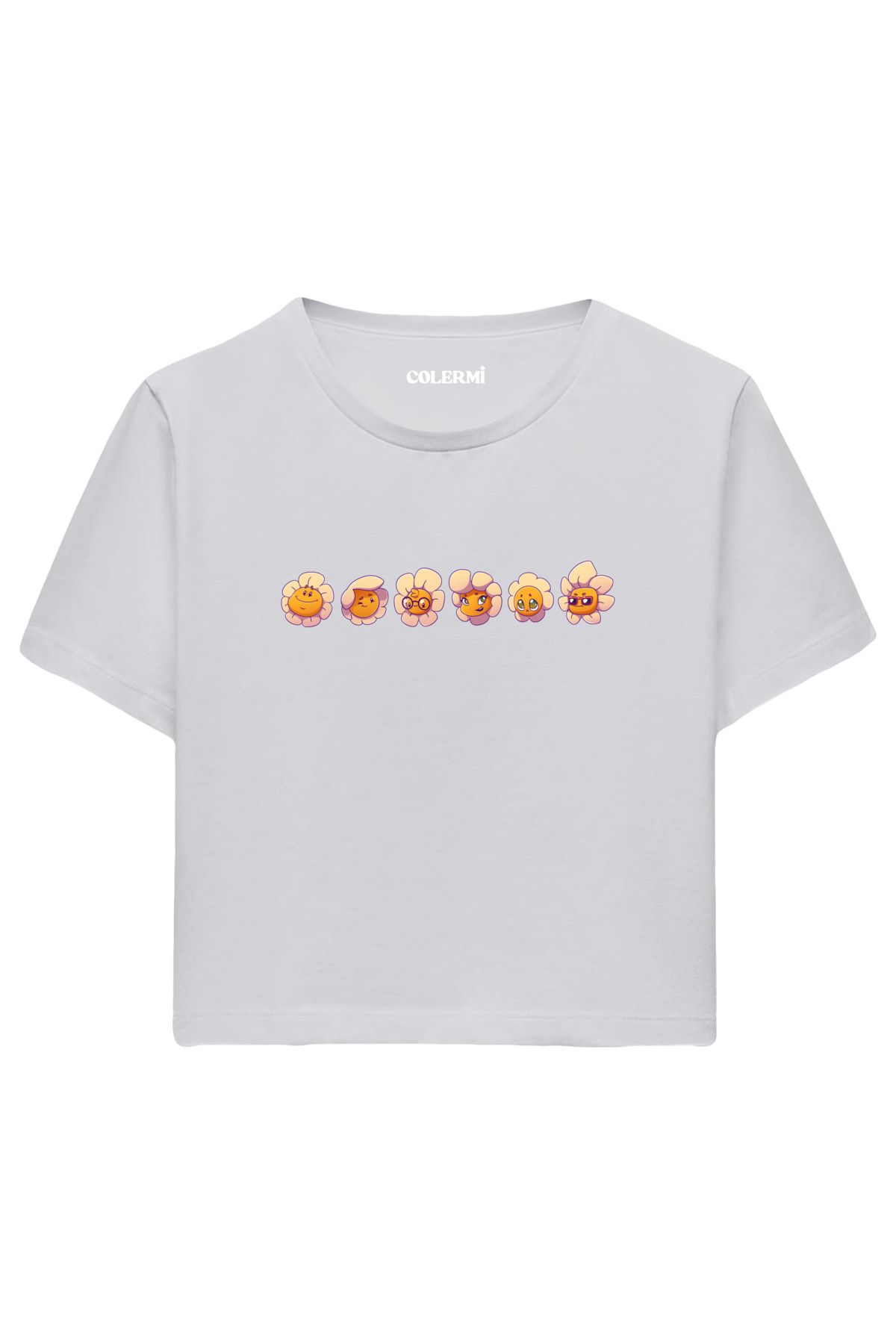 Colermi Emoji Çiçek Karakter Baskılı %100 Pamuk Kadın Crop Tshirt