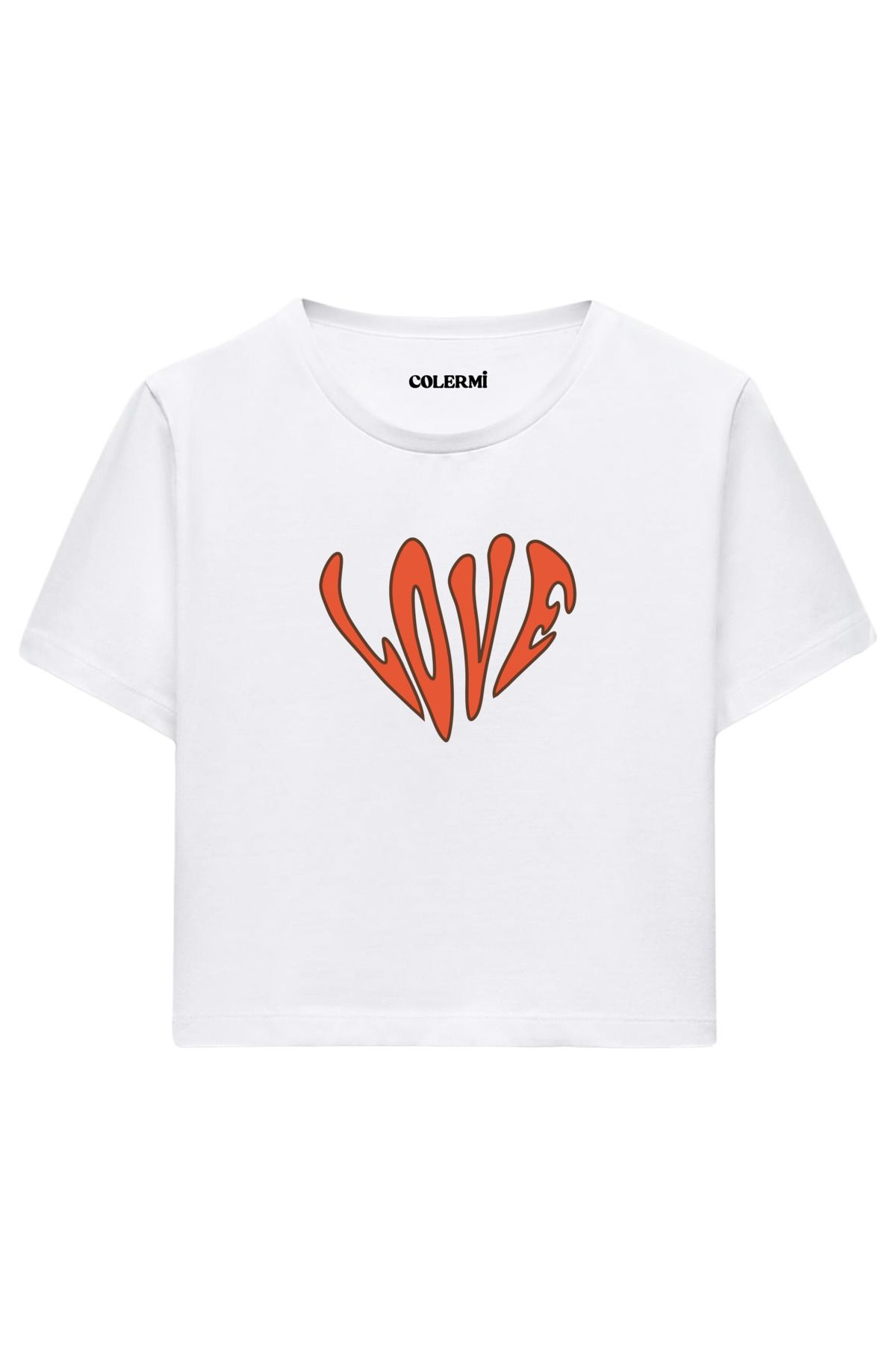 Colermi LOVE Tipografi Baskılı %100 Pamuk Kadın Crop Tshirt