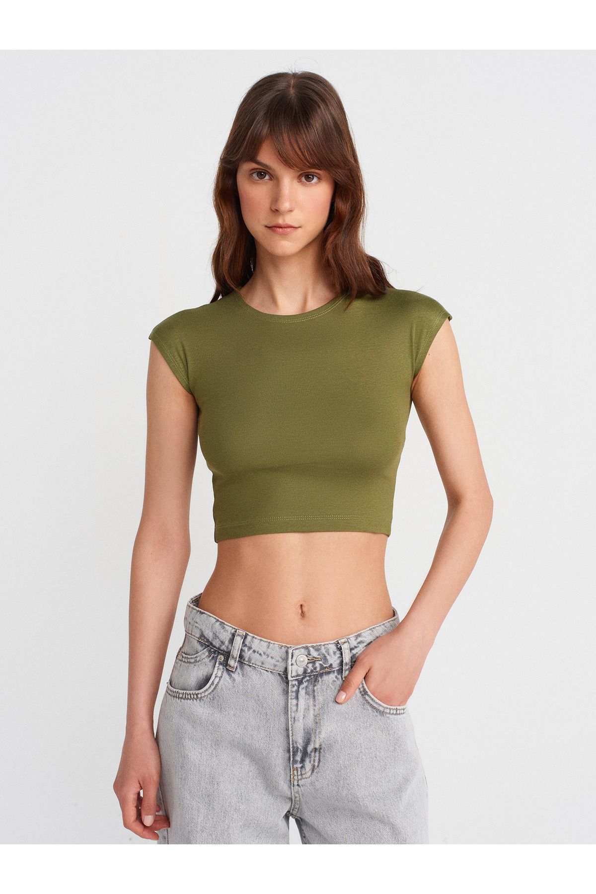 Dilvin 30528 Pamuk ve Modal Karışımlı Crop Top-Açık Haki