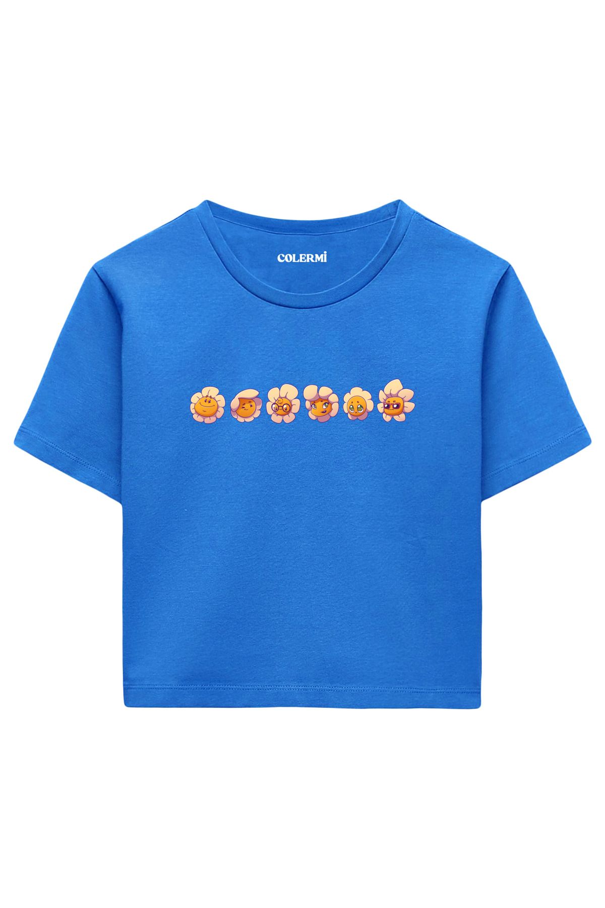 Colermi Emoji Çiçek Karakter Baskılı %100 Pamuk Kadın Crop Tshirt