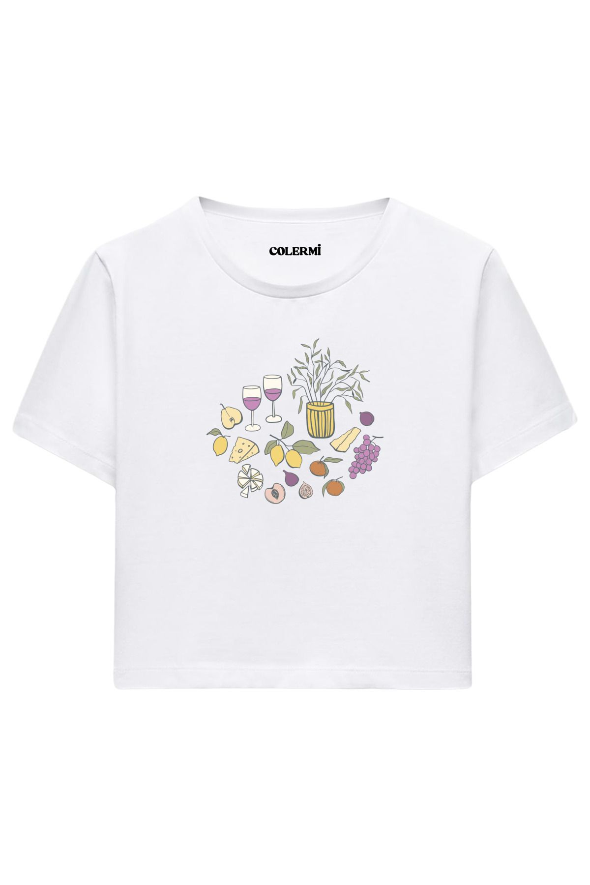 Colermi Natürmort Meyve ve Kadeh Baskılı %100 Pamuk Kadın Crop Tshirt