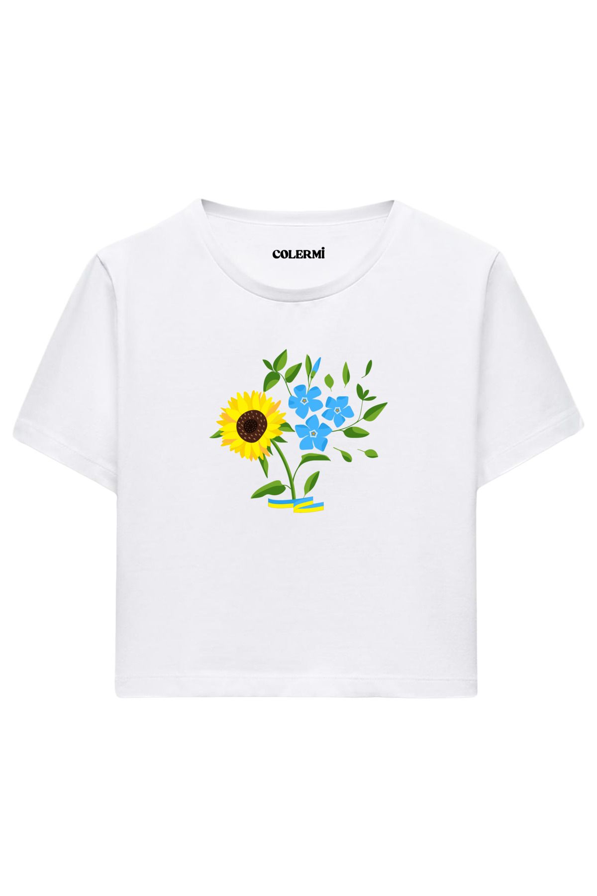 Colermi Ayçiçeği ve Mavi Çiçek Baskılı %100 Pamuk Kadın Crop Tshirt