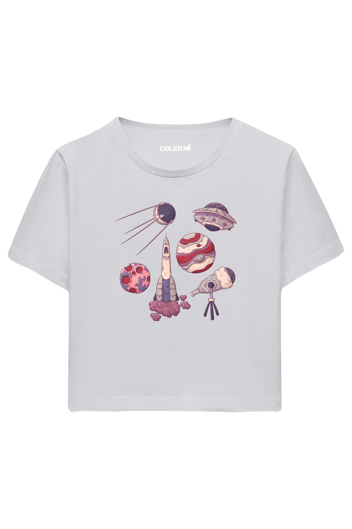 Colermi Retro Uzay Figürleri Baskılı %100 Pamuk Kadın Crop Tshirt