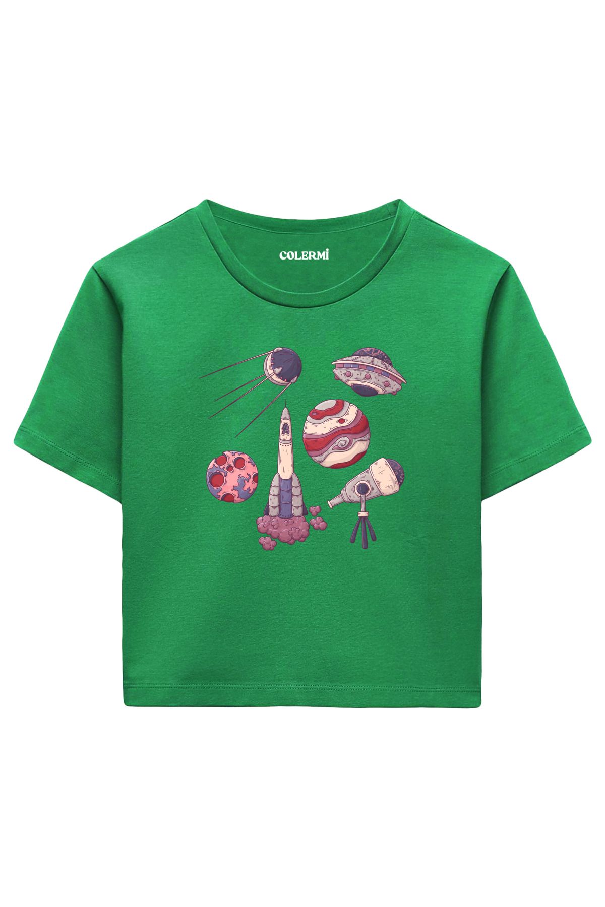 Colermi Retro Uzay Figürleri Baskılı %100 Pamuk Kadın Crop Tshirt