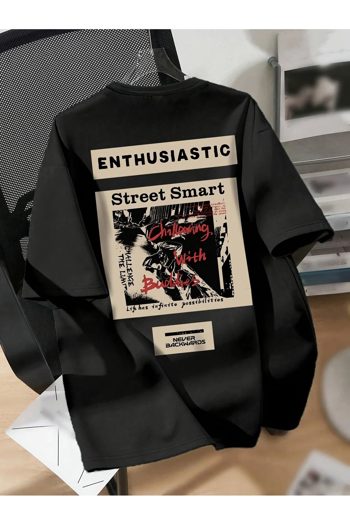 LAND MODA Heyecanlı Sokak Akıllı Grafik Yaka Tişört, Casual Polyester Örgü Kumaş Üst, Spandeks ile, Normal
