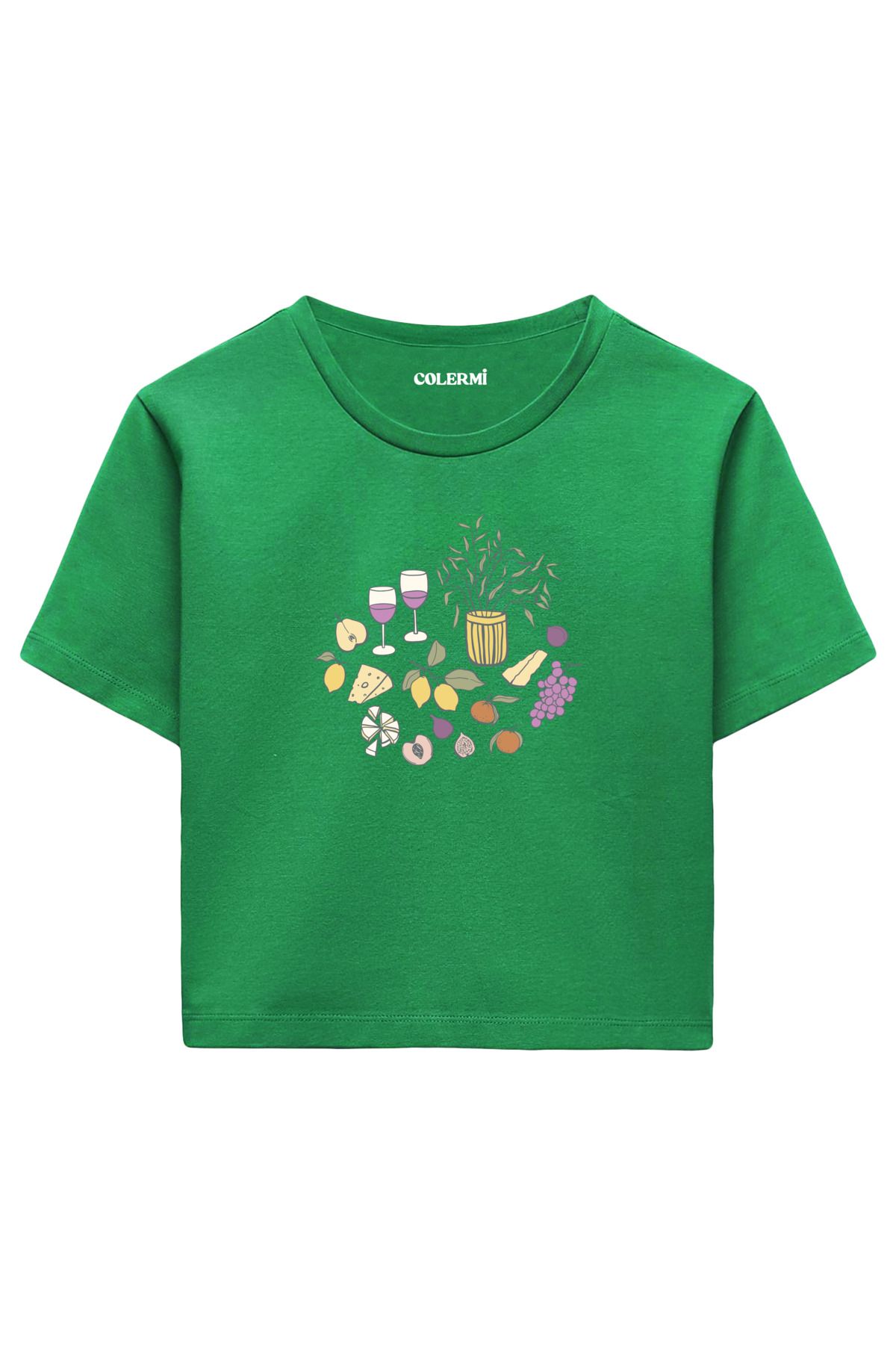 Colermi Natürmort Meyve ve Kadeh Baskılı %100 Pamuk Kadın Crop Tshirt