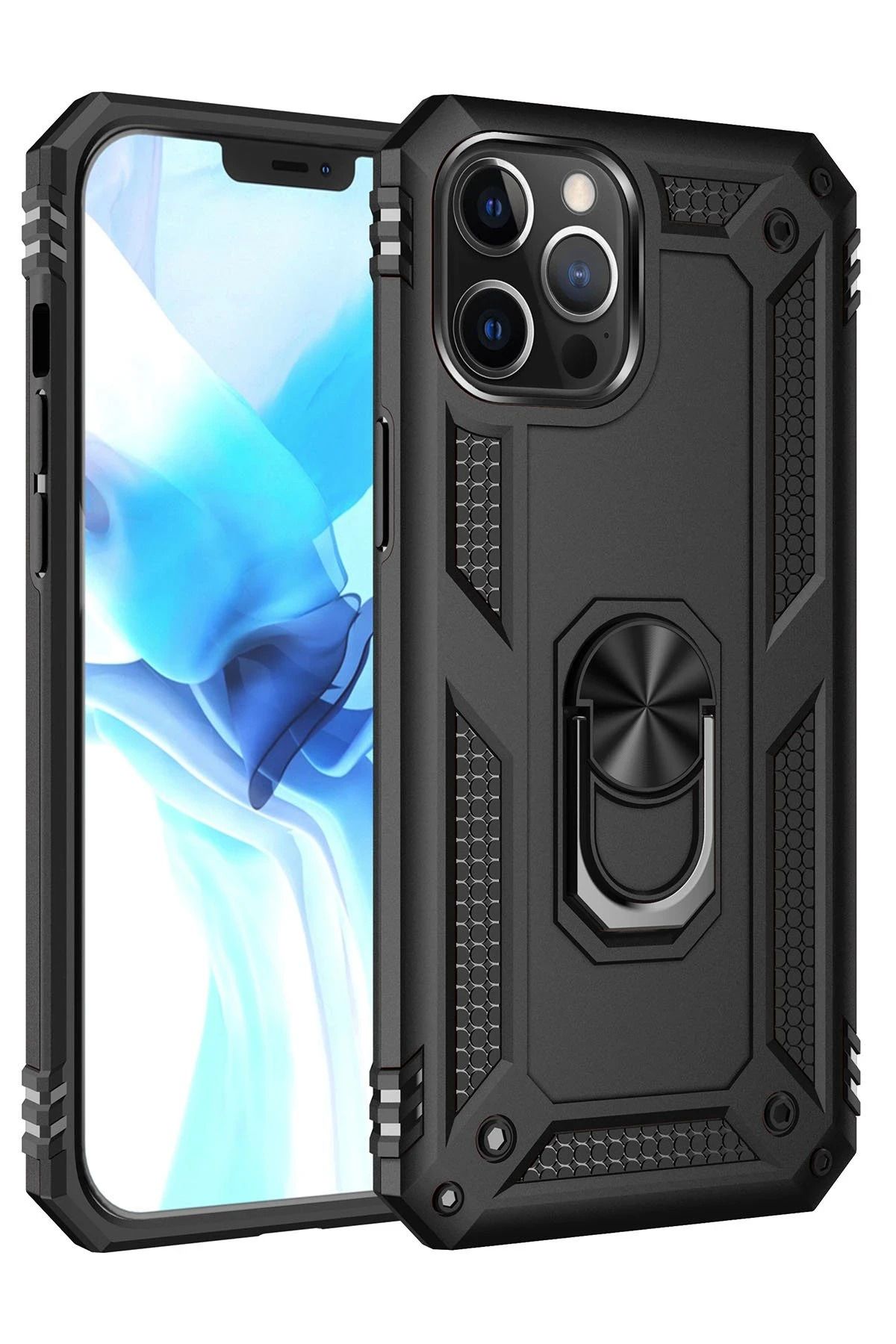 NewFace iPhone 12 Pro Max Kılıf Sofya Yüzüklü Silikon Kapak - Siyah WLZOR
