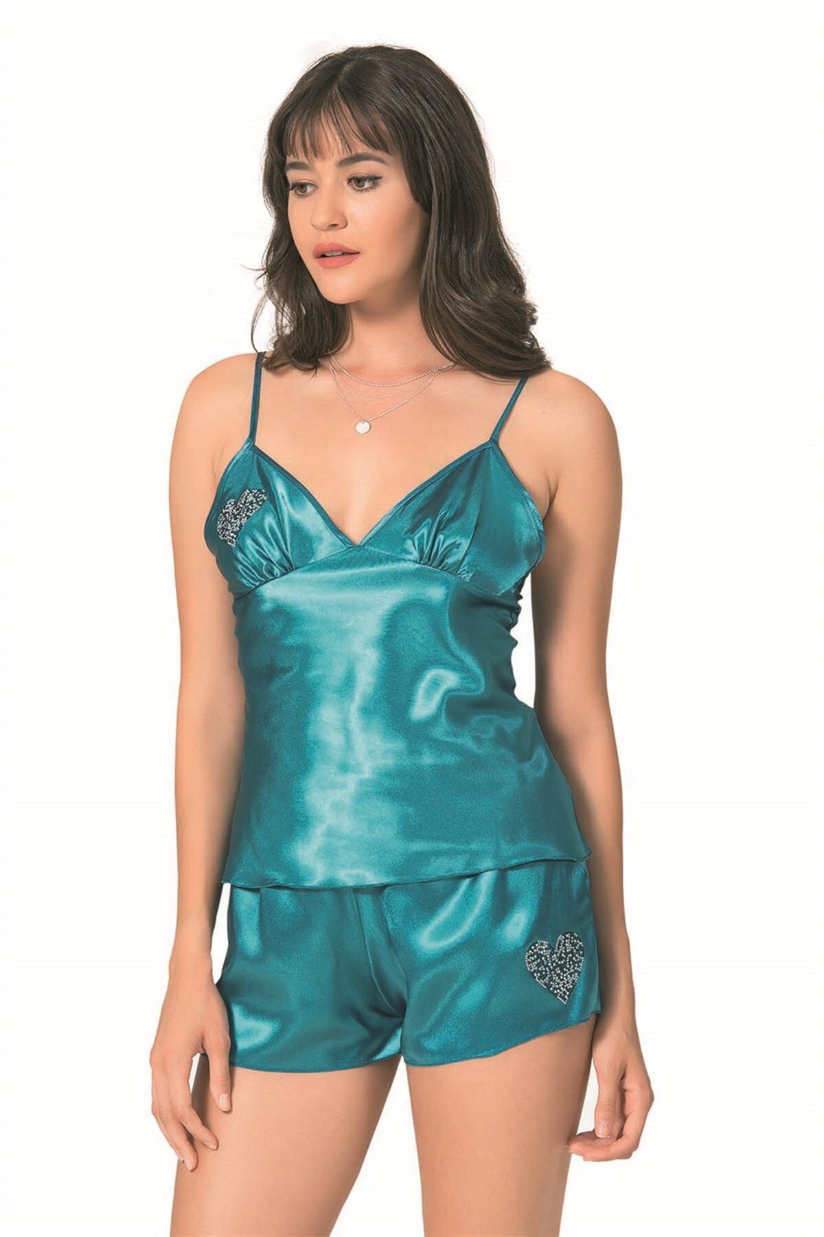 Shop58 Hediye Cantam Petrol Saten Babydoll Şort Takımı