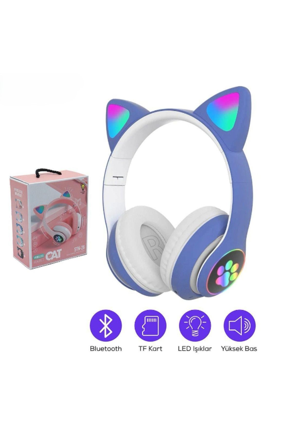 Elektronik Atölye Kedi Figürlü Bluetooth Kulaklık Mavi Renkli