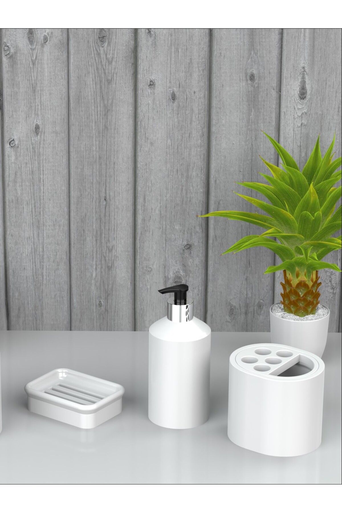 EOCRAFT Kompozit Granit 3'lü Banyo Seti Hazneli, Sıvı ve Diş Fırçalık Beyaz