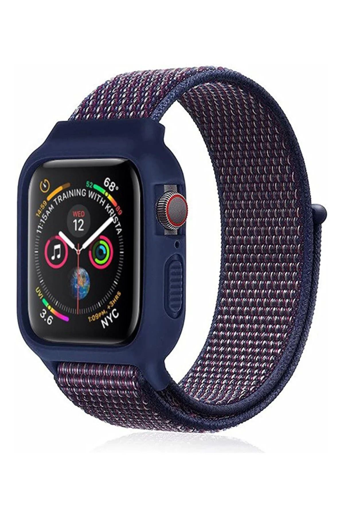NewFace Apple Watch 38mm Hasırlı Cırtcırtlı Kasalı Kordon - Lacivert-Mürdüm WLZOR