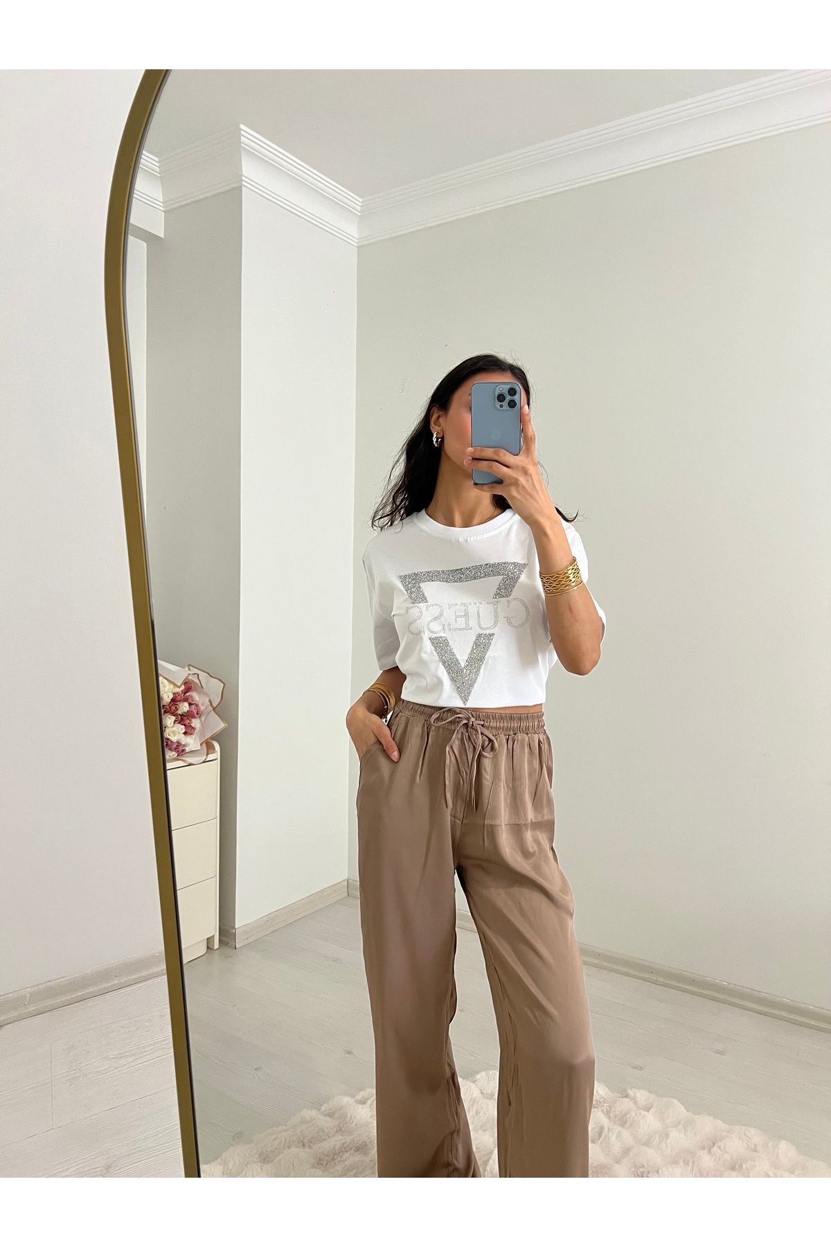 Üda Boutique Bej belden bağlamalı saten pantolon