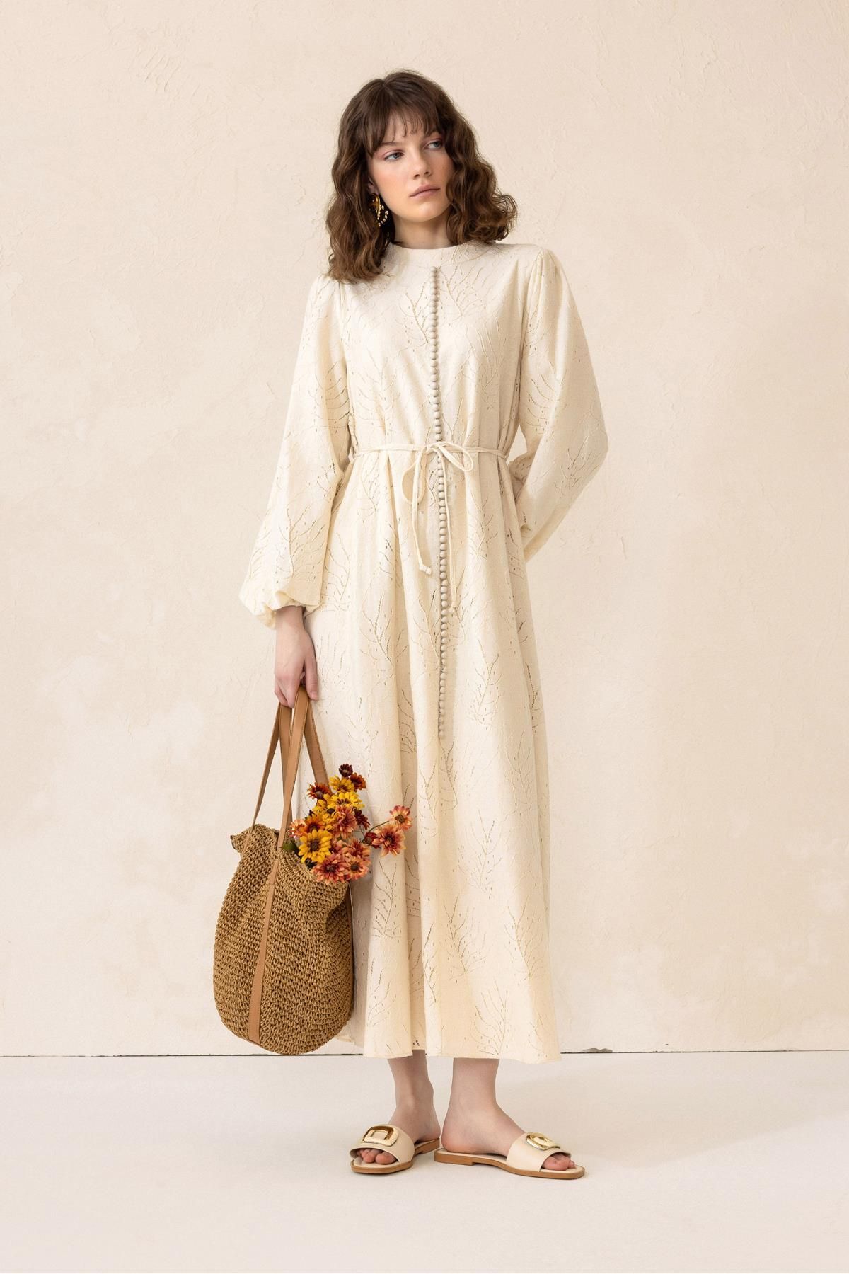 Olcay-Guipure Dress with Button and Brit Accessories Beige 9297-E 5