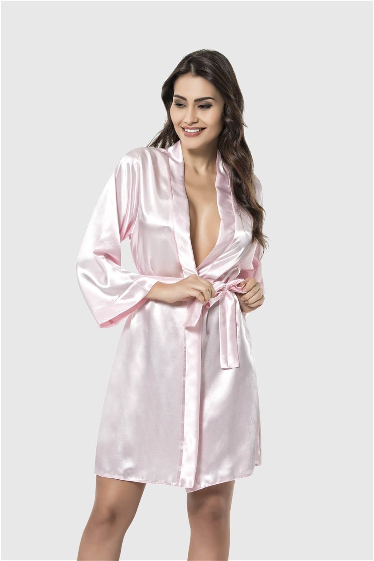 Shop58 Pembe Kısa Saten Sabahlık
