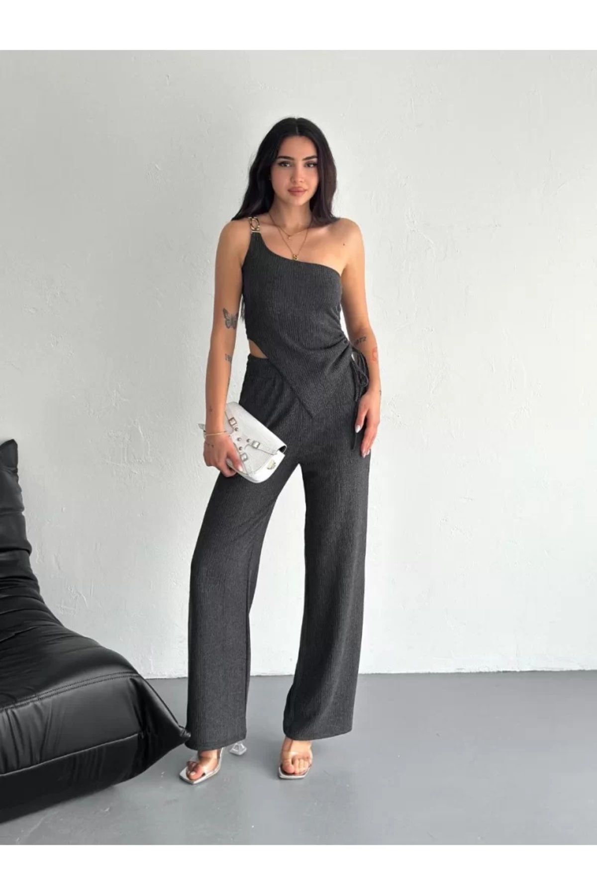 MERSSE Asimetrik Crop Pantalon ikili Takım-Füme