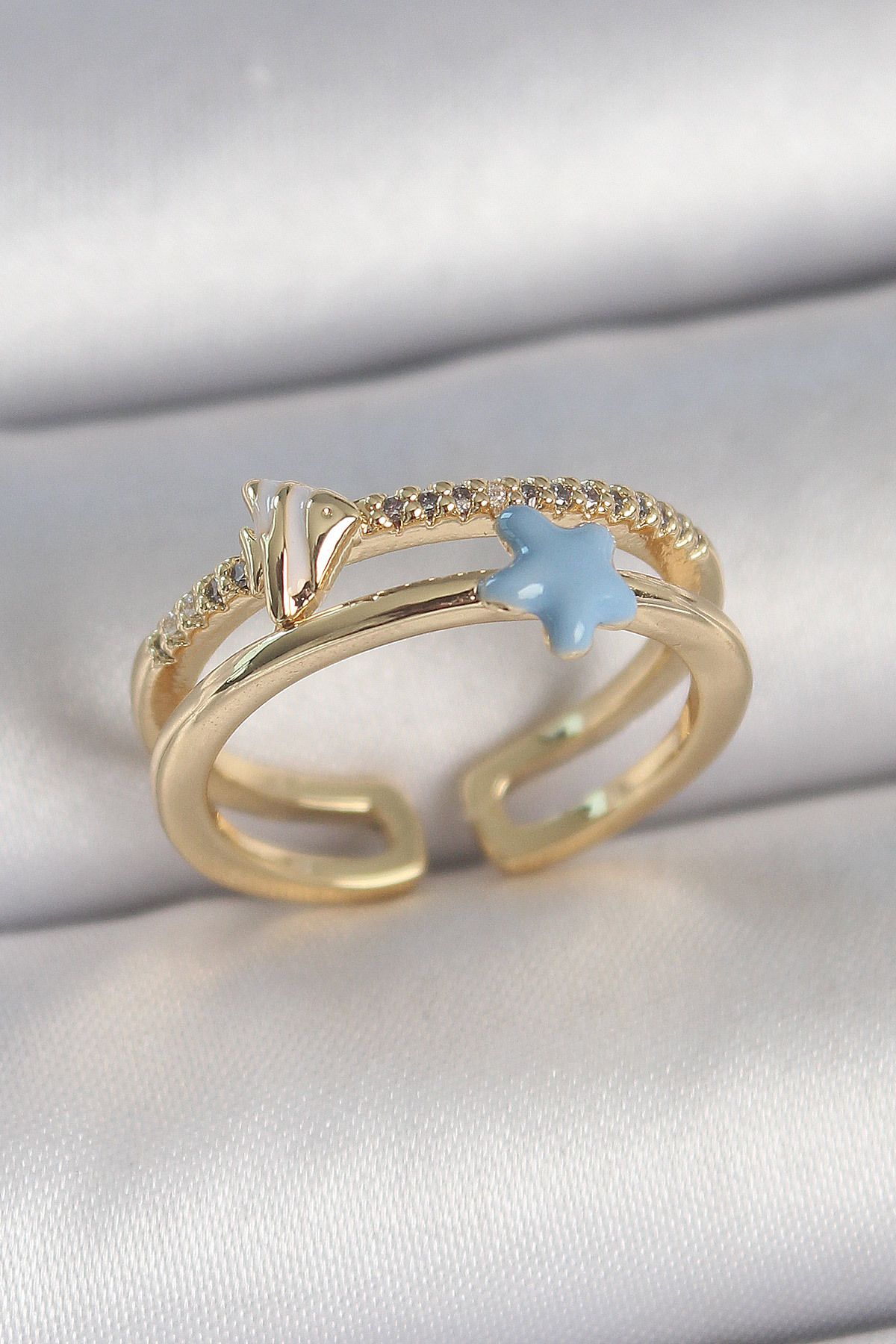 STİLLOVE Pirinç Gold Renk 2'Li Zirkon Taşlı Mavi Yıldız Figür Ayarlanabilir Kadın Yüzük SL11516