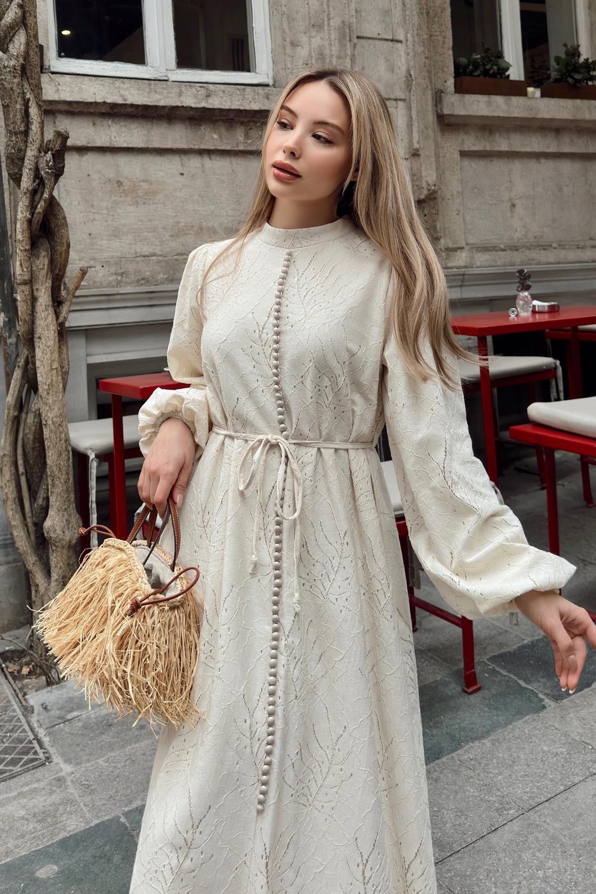 Olcay-Guipure Dress with Button and Brit Accessories Beige 9297-E 3