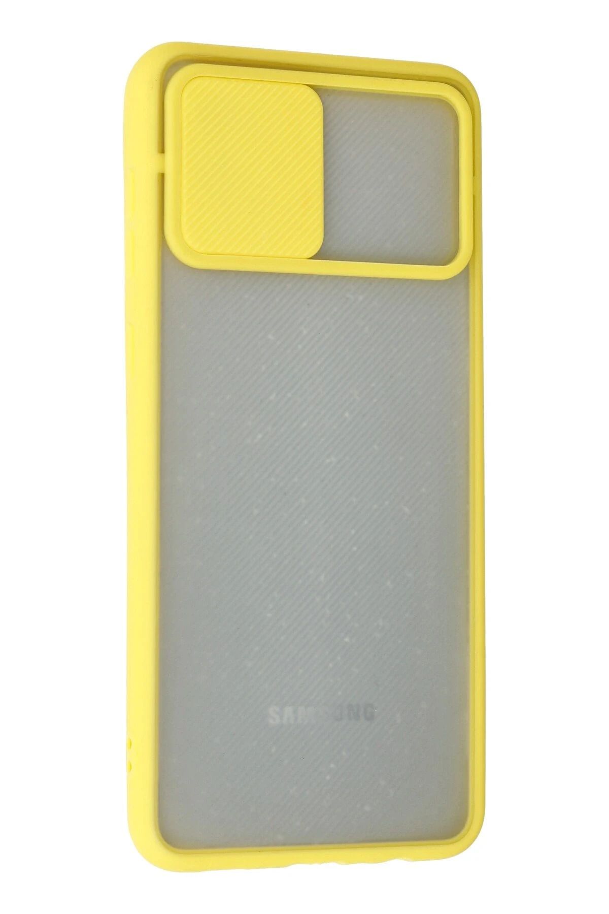 NewFace Samsung Galaxy A02 Kılıf Palm Buzlu Kamera Sürgülü Silikon - Sarı GLSTD