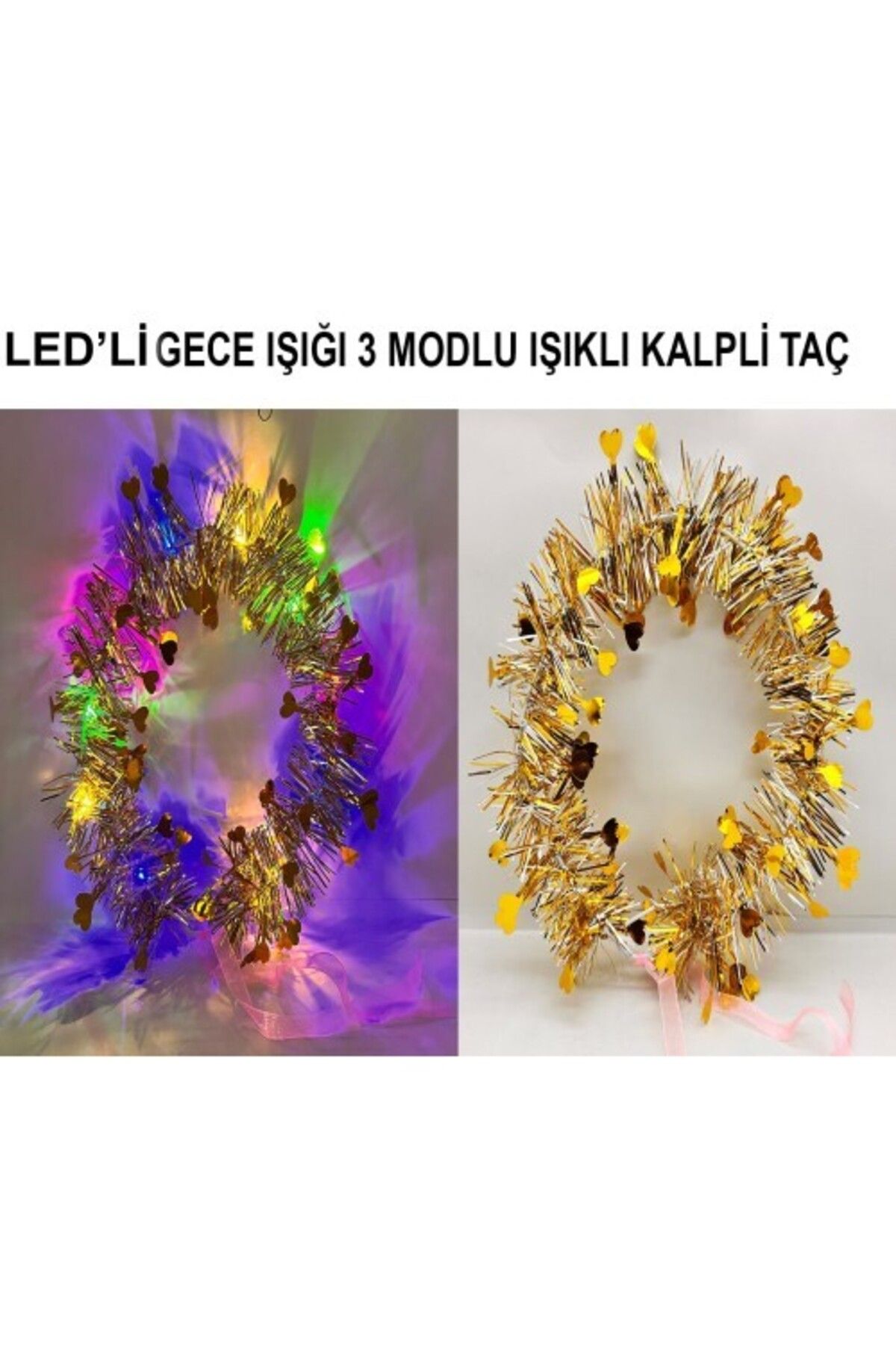 Otocub Kalp Püsküllü 3 Modlu LED Işıklı Taç Altın Renk