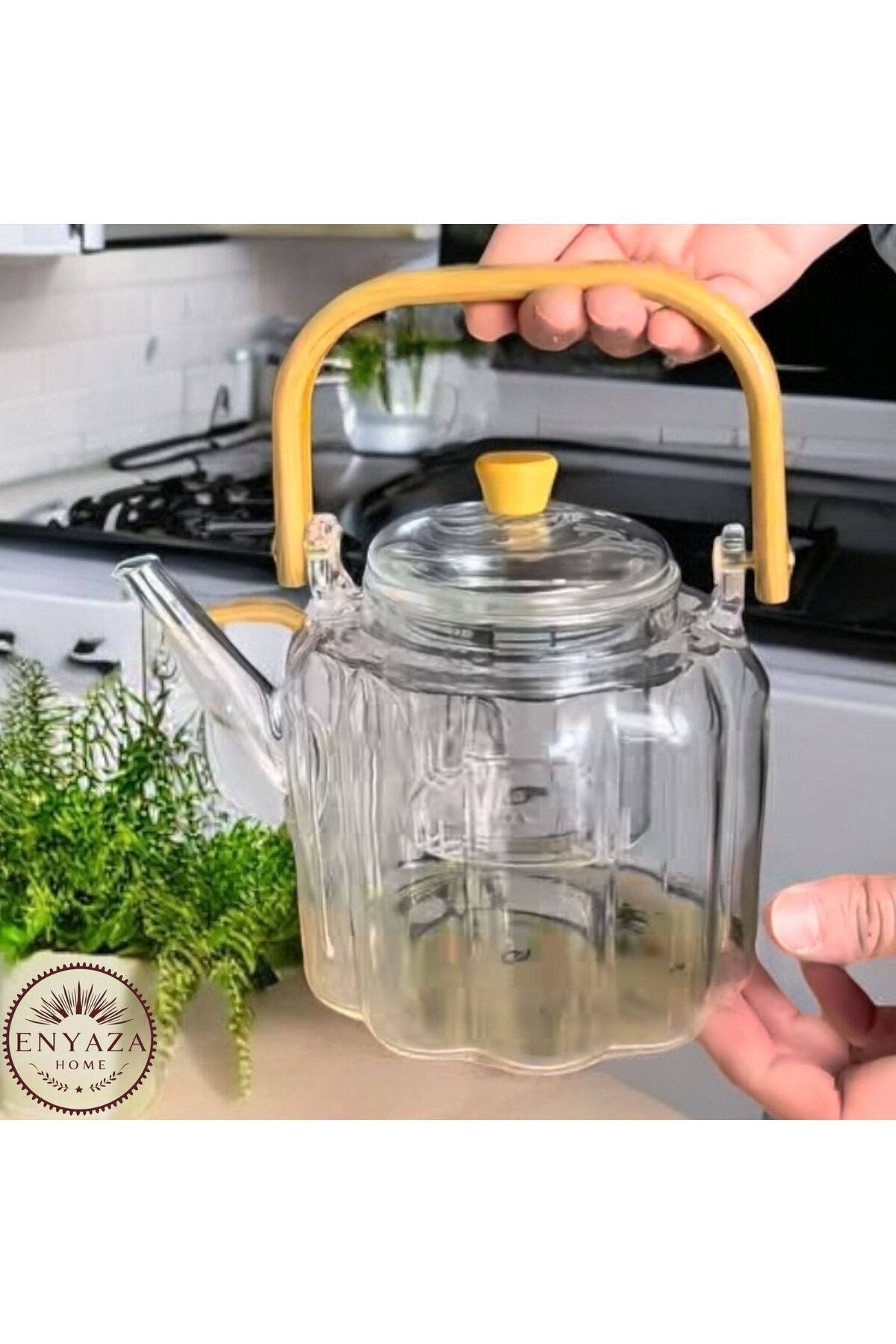 ENYAZA(2024) 1000ml Bambu Kapaklı Isıya Dayanıklı Cam Bitki Çayı Demliği Cam Süzgeçli