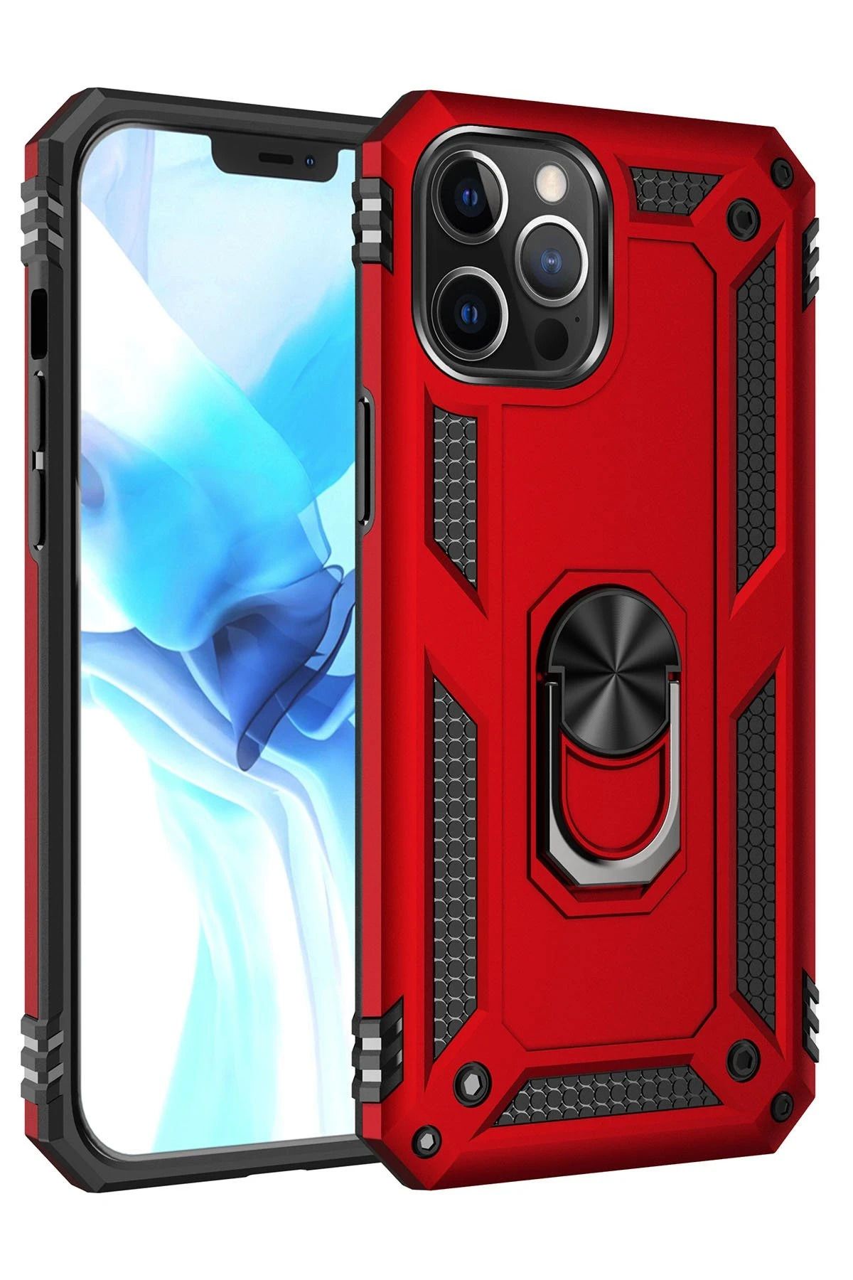 NewFace iPhone 12 Pro Max Kılıf Sofya Yüzüklü Silikon Kapak - Kırmızı GLSTD
