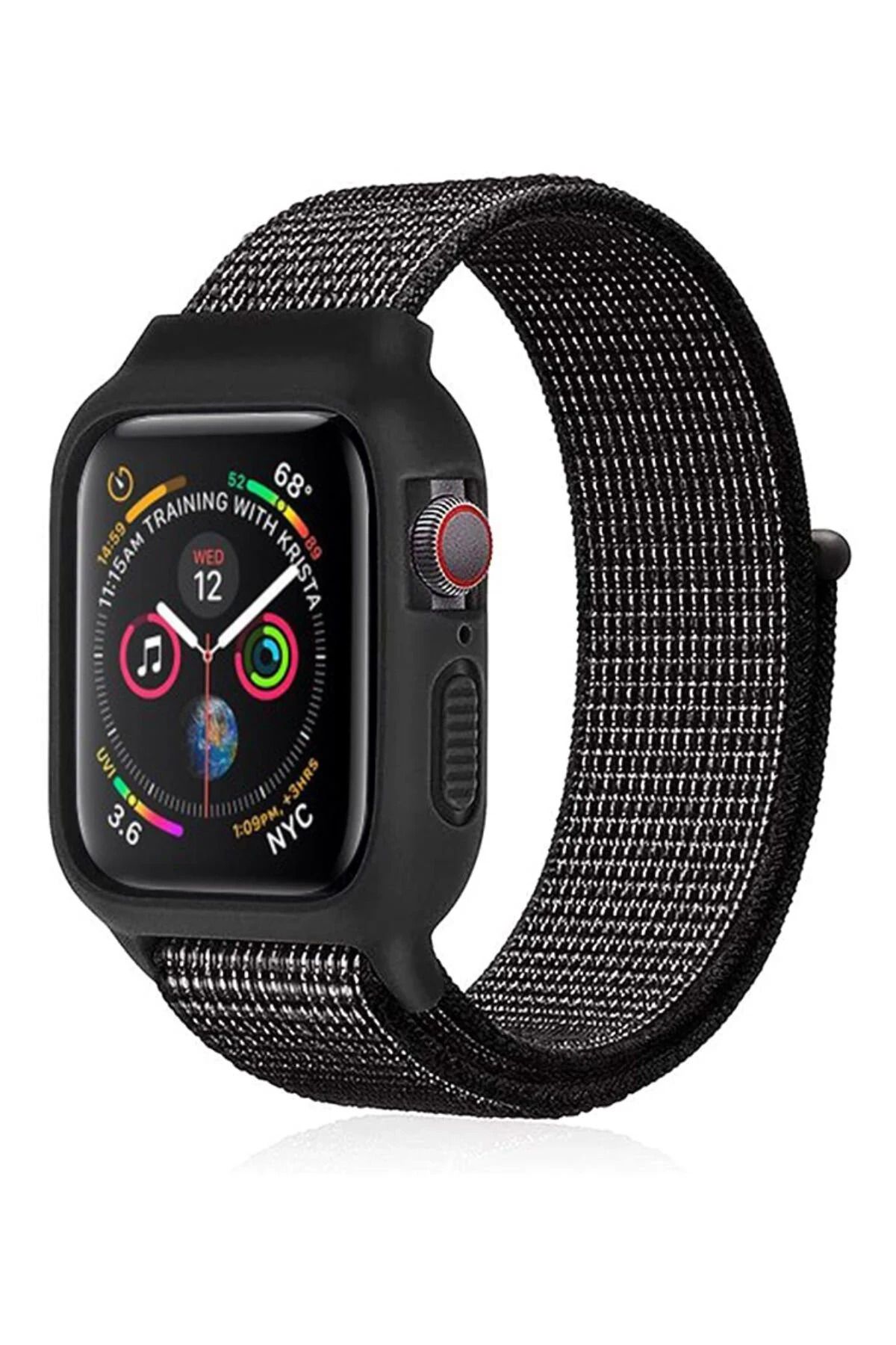 NewFace Apple Watch 42mm Hasırlı Cırtcırtlı Kasalı Kordon - Siyah-Pembe SVLRS