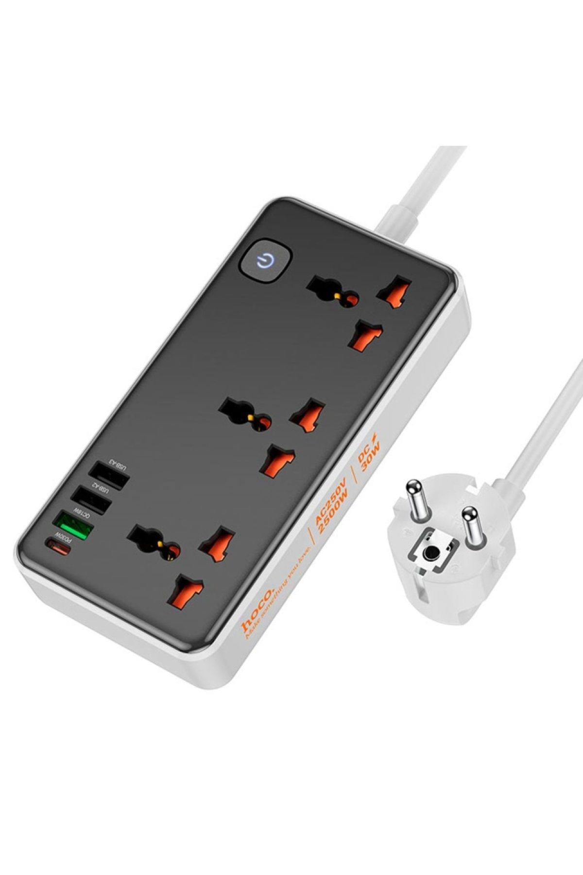 Hoco AC8A 2500W 3 Priz + 3 USB + 30W Type-C Multifonksiyonel Priz Çoğaltıcı Şarj Aleti (Siyah)
