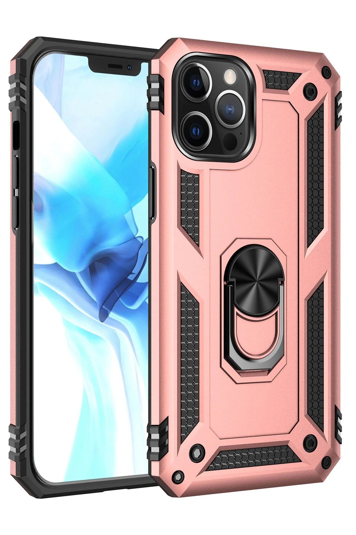 NewFace iPhone 12 Pro Max Kılıf Sofya Yüzüklü Silikon Kapak - Rose GLSTD