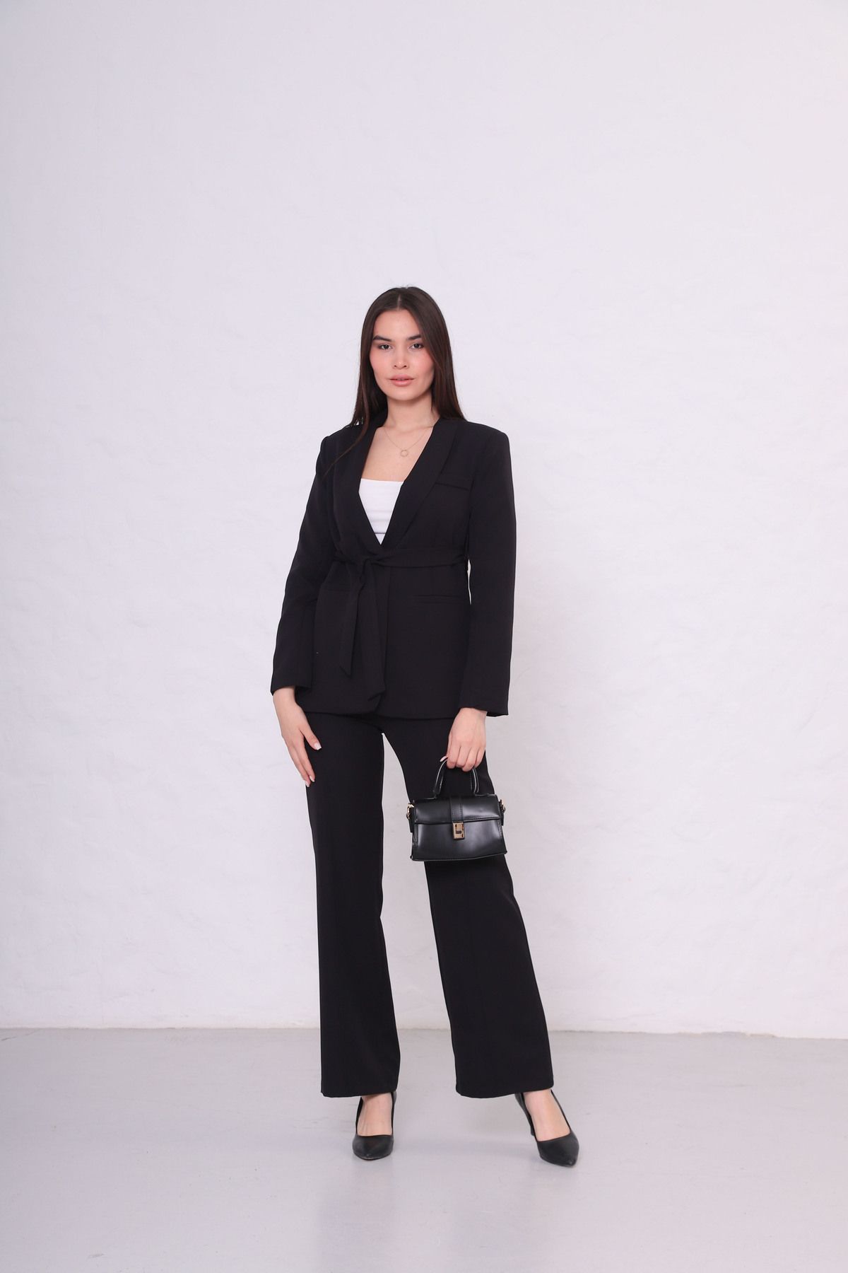 stcococix since 1990 kadın kuşaklı blazer ceket bol paça pantolon takım
