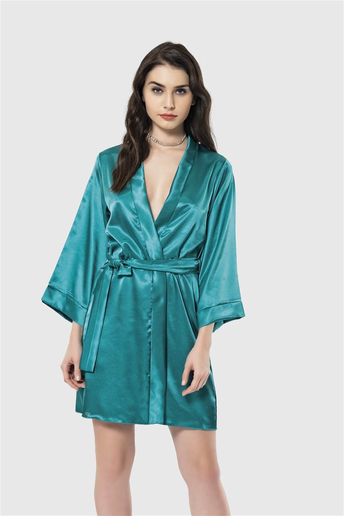 Shop58 Zümrüt Kısa Saten Sabahlık