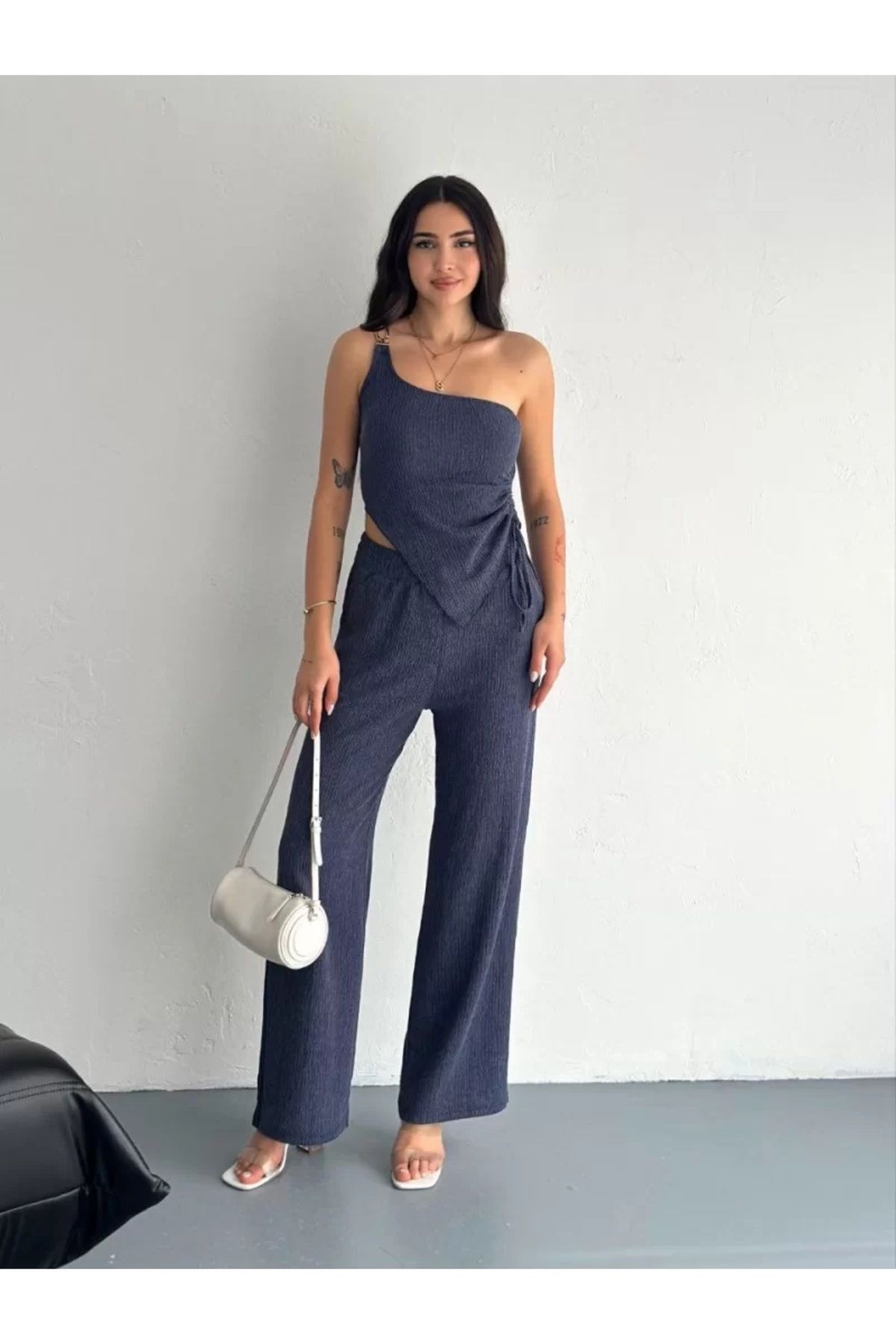 MERSSE Asimetrik Crop Pantalon ikili Takım-Lacivert