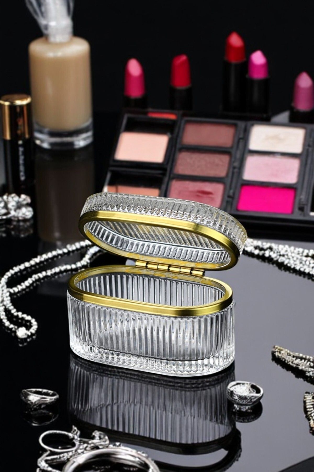 TrendDeco Gold Detaylı Cam Mücevher & Takı Kutusu 14x9x8 cm
