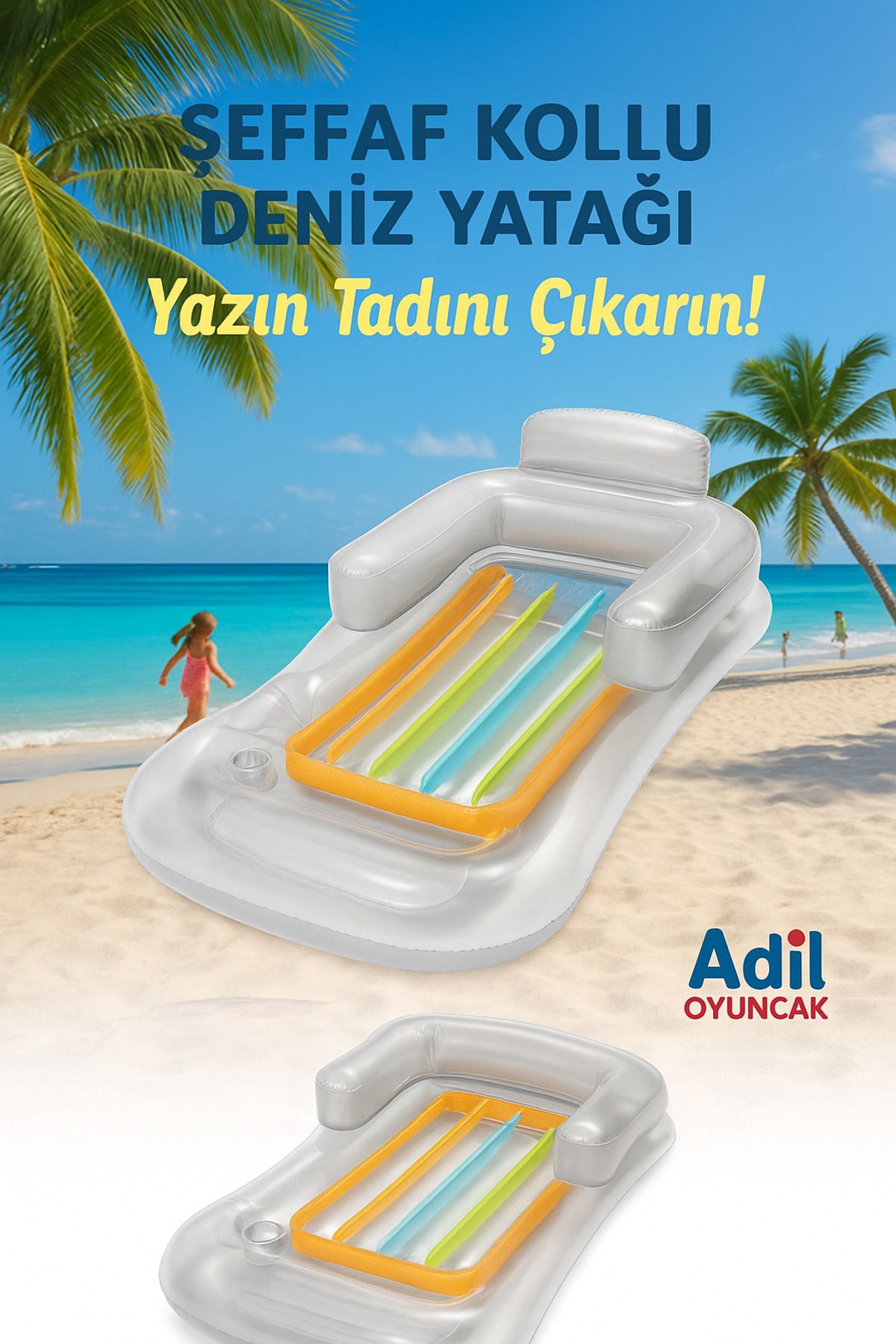 potasyum Şeffaf Kollu Deniz Yatağı Renkli Şeritli Şişme Deniz Koltuğu Yaz Keyfi Şişme Yatak