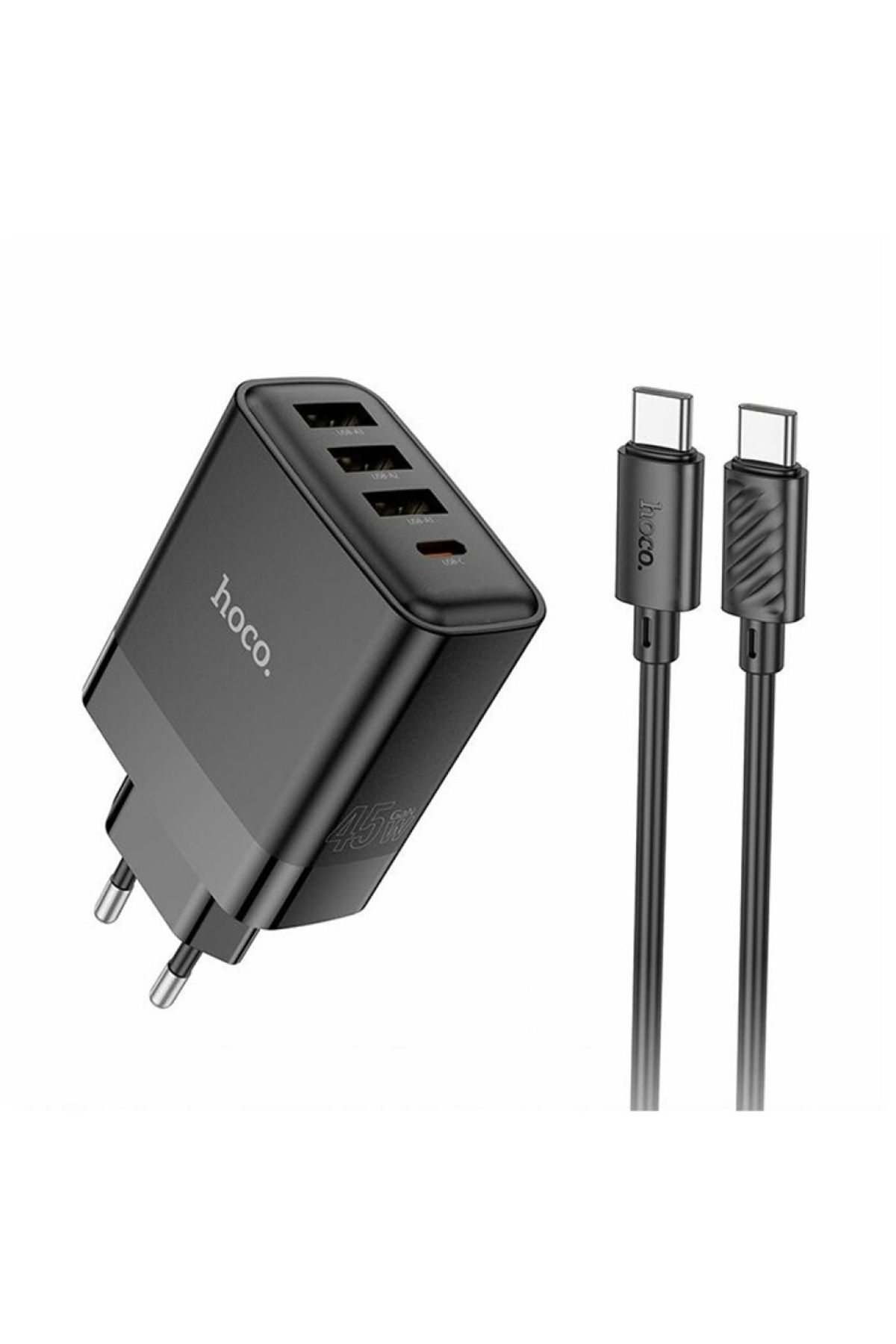 Hoco C127A PD45W(1C3A) Hızlı Şarj Aleti + Type-C to Type-C Kablo Seti (Siyah)