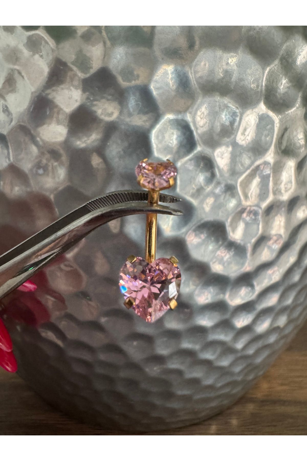 Bylin Çift Pembe Kalp Zirkon Taşlı Cerrahi Çelik Göbek Piercing - Bar Uzunluğu 10mm- 1 adet