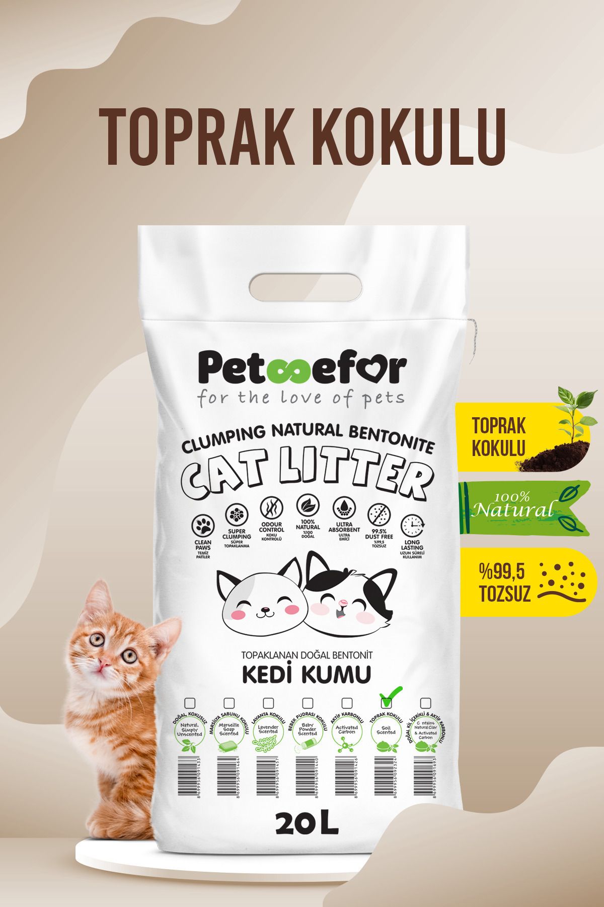 Petefor 20 Lt Toprak Kokulu Yeni Nesil Organik Kahverengi Kedi Kumu