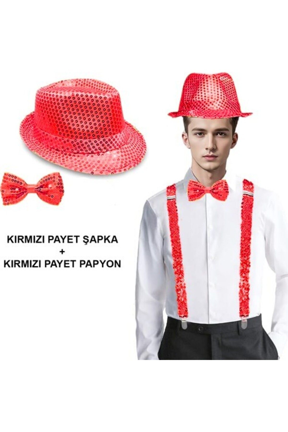 Otocub Kırmızı Payetli Şapka ve Papyon Seti – Parıltılı Yetişkin Kostüm Seti