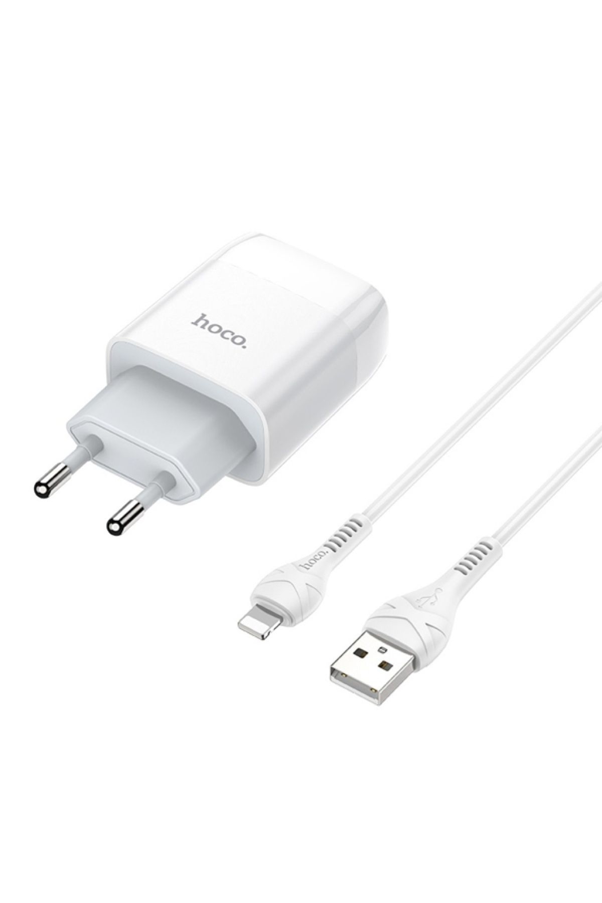 Hoco C73A Çift USB Girişli Hızlı Şarj Adaptörü ve Hızlı İPhone Şarj Kablosu 1M (Beyaz)