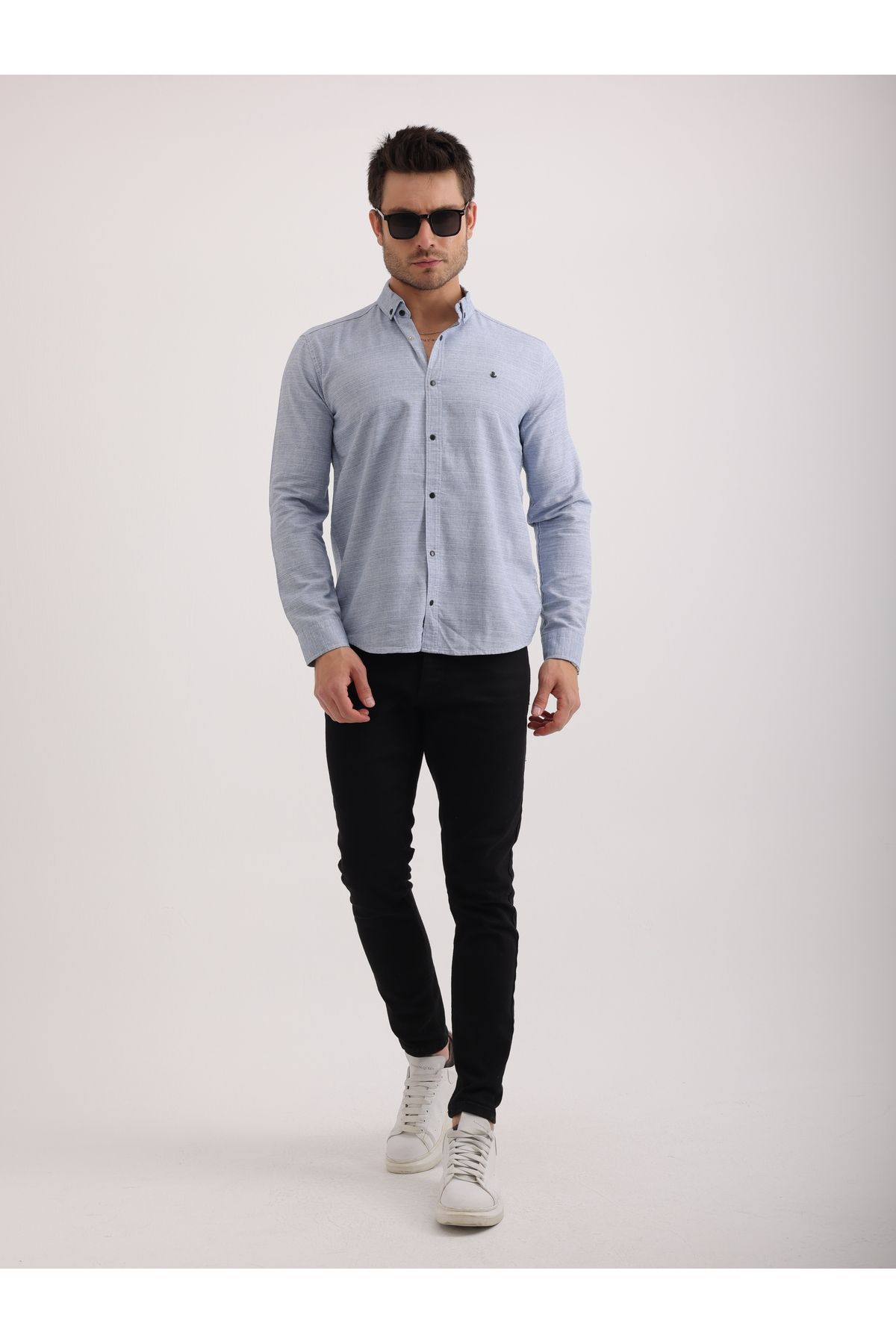 Sabe Erkek Slim Fit Lacivert Keten Armürlü Gömlek
