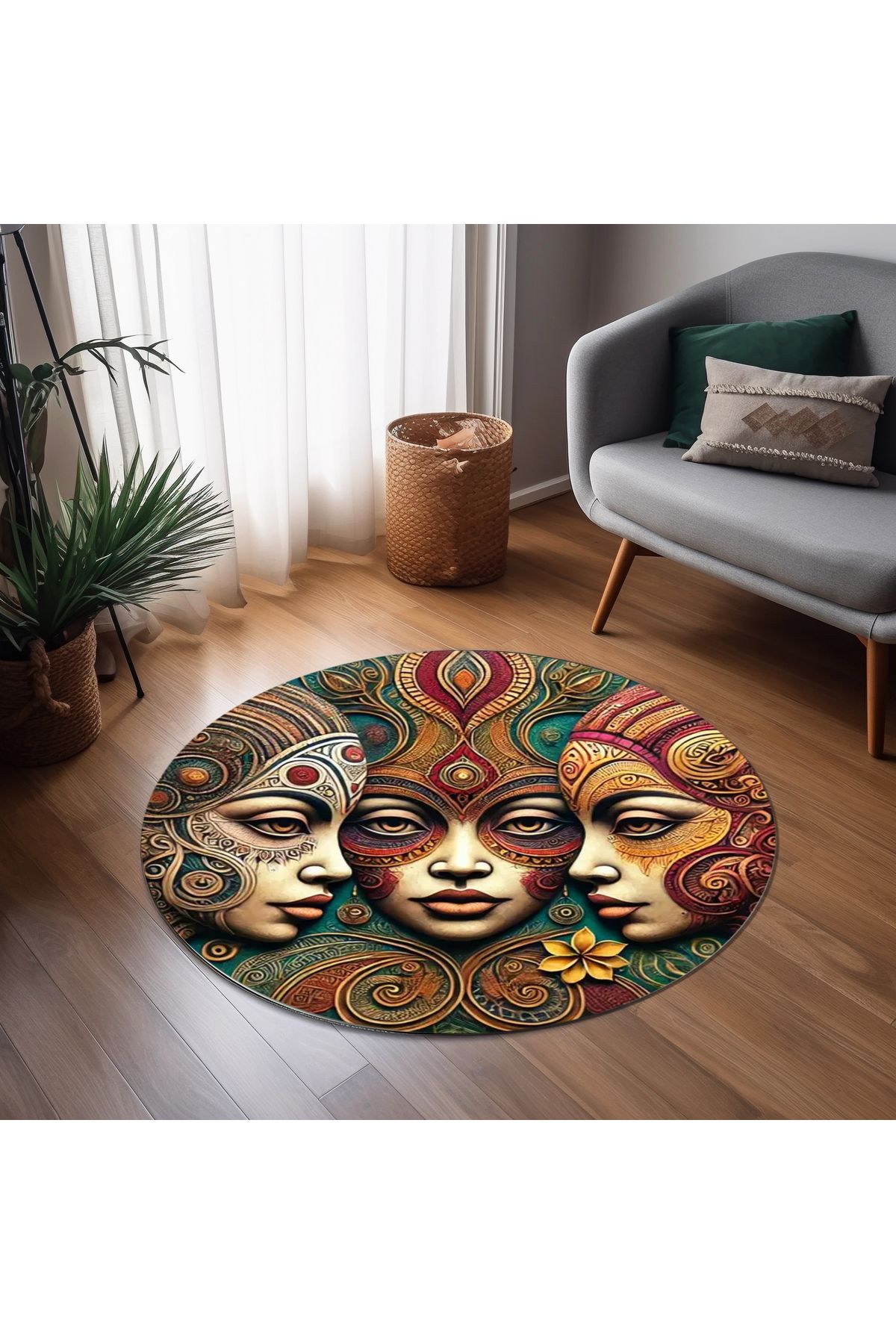 Rugs Modern Halı Alya Koleksiyonu Çok Renkli Maskeli Yüzler Detaylı Dokuma Taban Yuvarlak Dekoratif Halı alya87