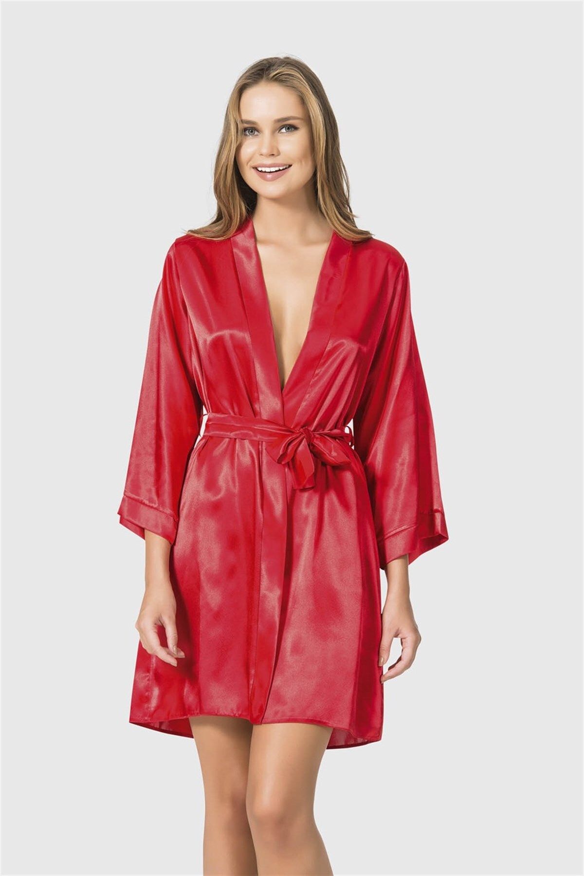 Shop58 Hediye Cantam Kırmızı Kısa Saten Sabahlık