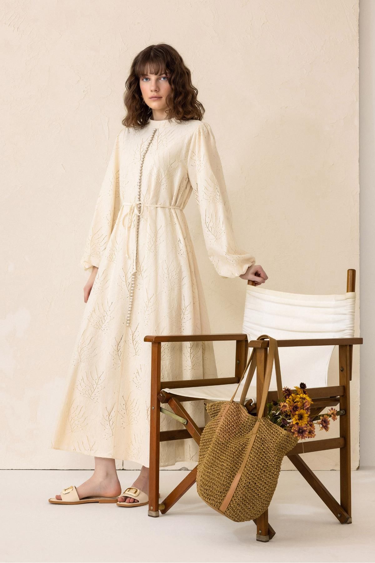 Olcay-Guipure Dress with Button and Brit Accessories Beige 9297-E 6