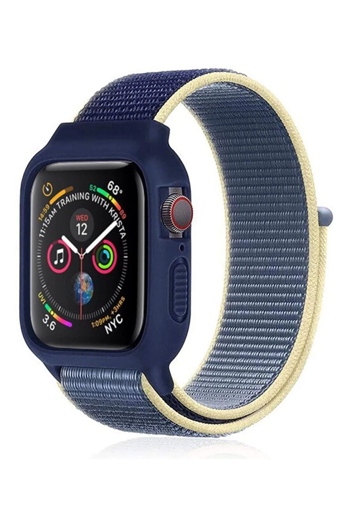 NewFace Apple Watch 38mm Hasırlı Cırtcırtlı Kasalı Kordon - Sarı-Lacivert SVLRS