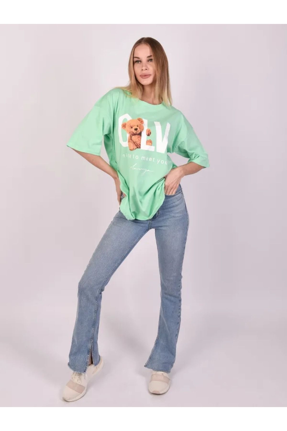 aynewmoda Ayı desenli, kısa kollu, yuvarlak yakalı tişört