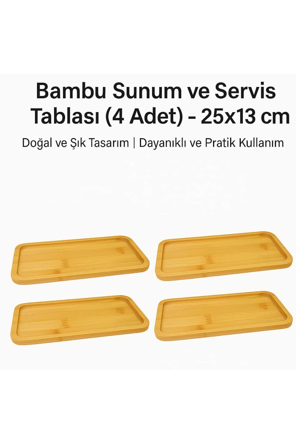 wellhome 4'lü Bambu Sunum Tabağı 25x13 cm | Doğal Ahşap Servis Tepsisi | Mutfak ve Sunum İçin Şık Set