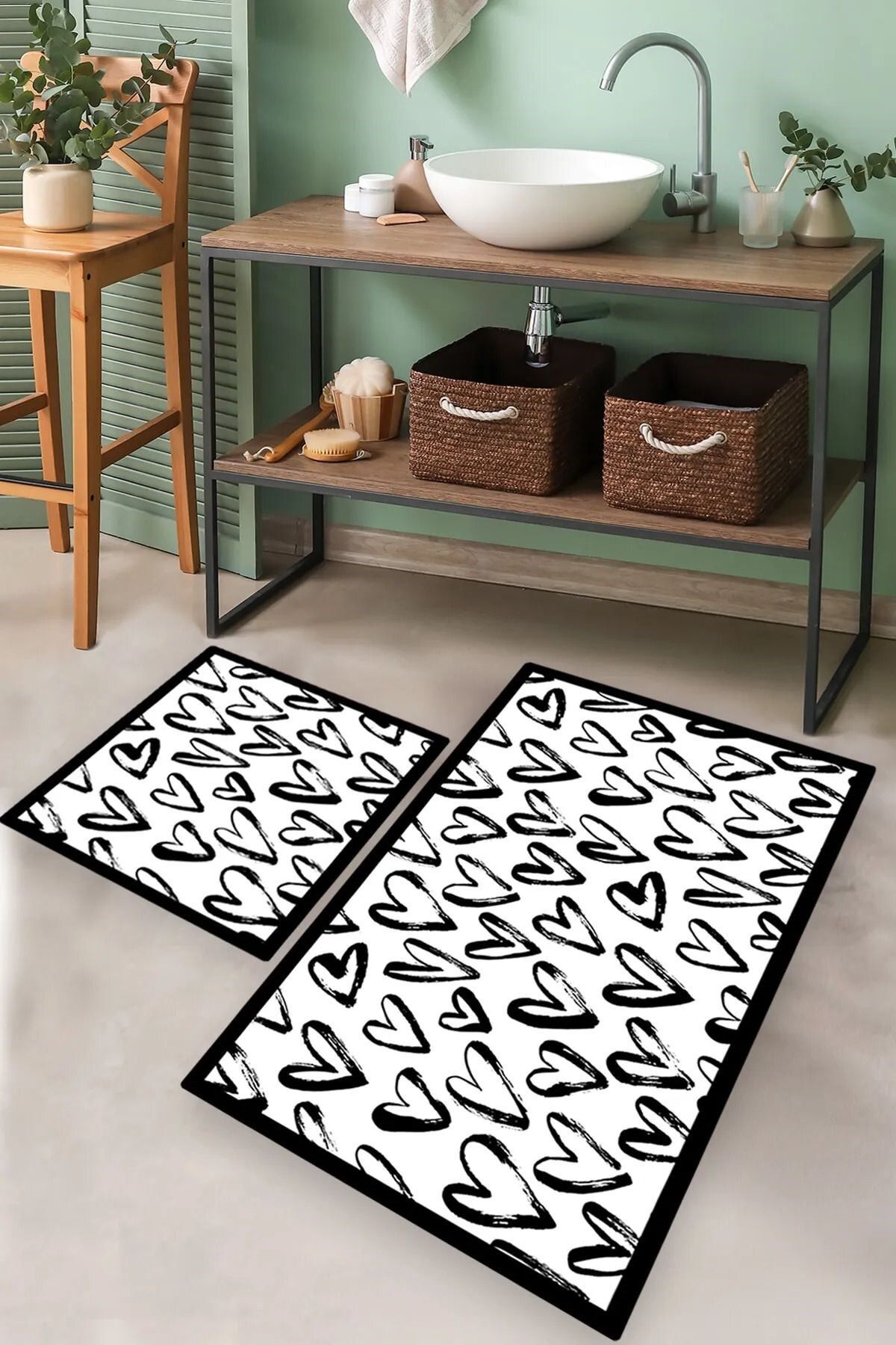 Casaculina Siyah Beyaz Kapli 2'li Set Banyo Halısı Paspas Klozet Takımı, Yıkanabilir, Kaymaz Taban 60x100/60x50