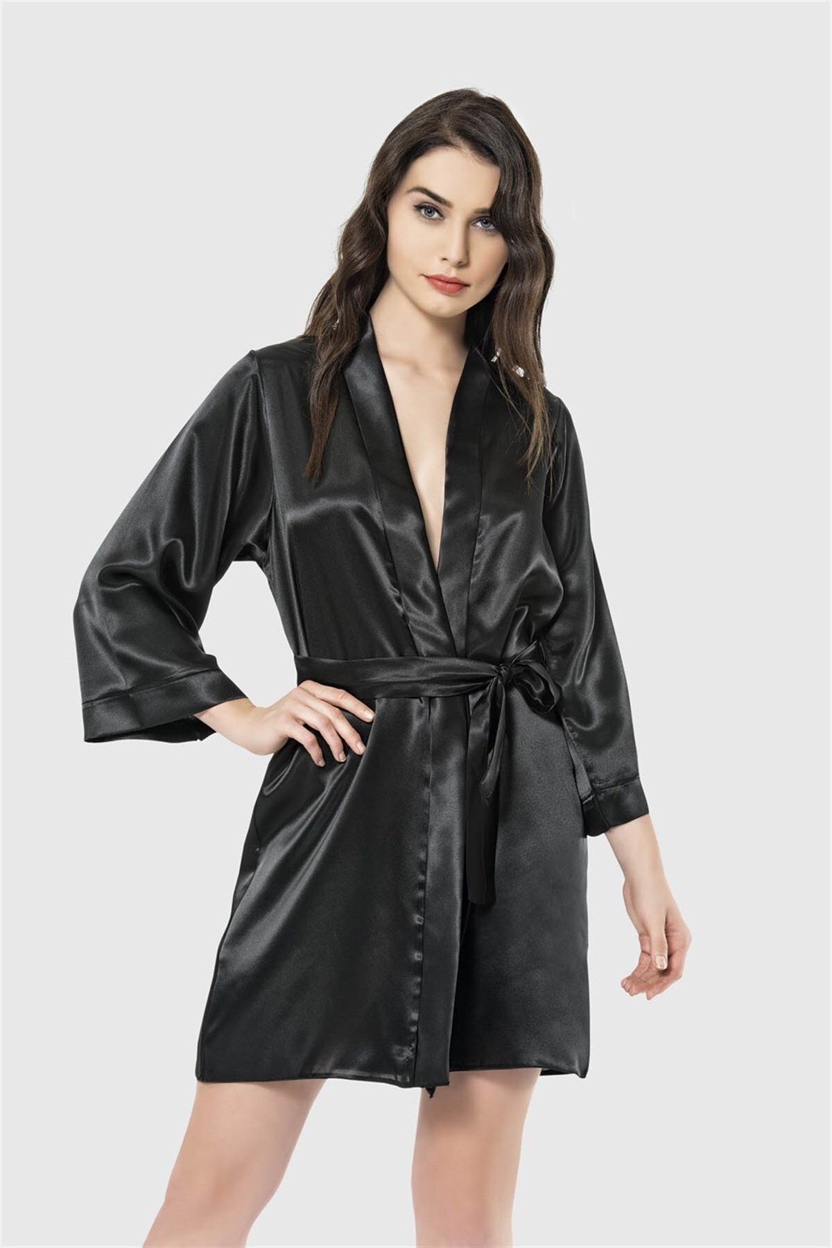 Shop58 Siyah Kısa Saten Sabahlık