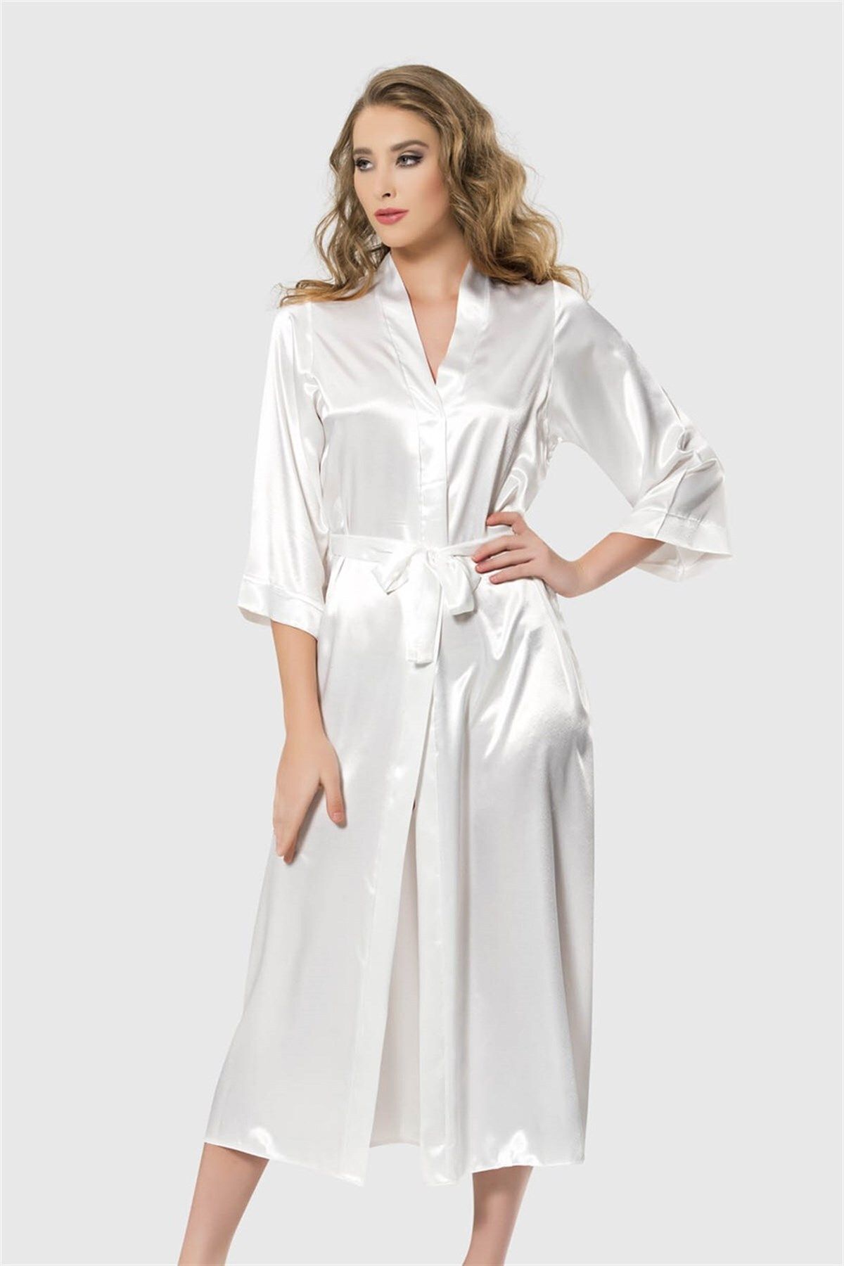 Shop58 Ekru Uzun Saten Sabahlık