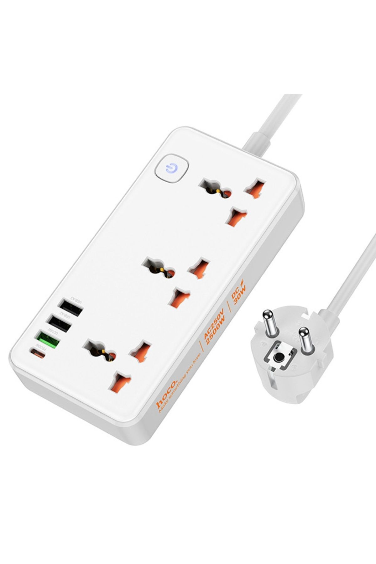Hoco AC8A 2500W 3 Priz + 3 USB + 30W Type-C Multifonksiyonel Priz Çoğaltıcı Şarj Aleti (Beyaz)