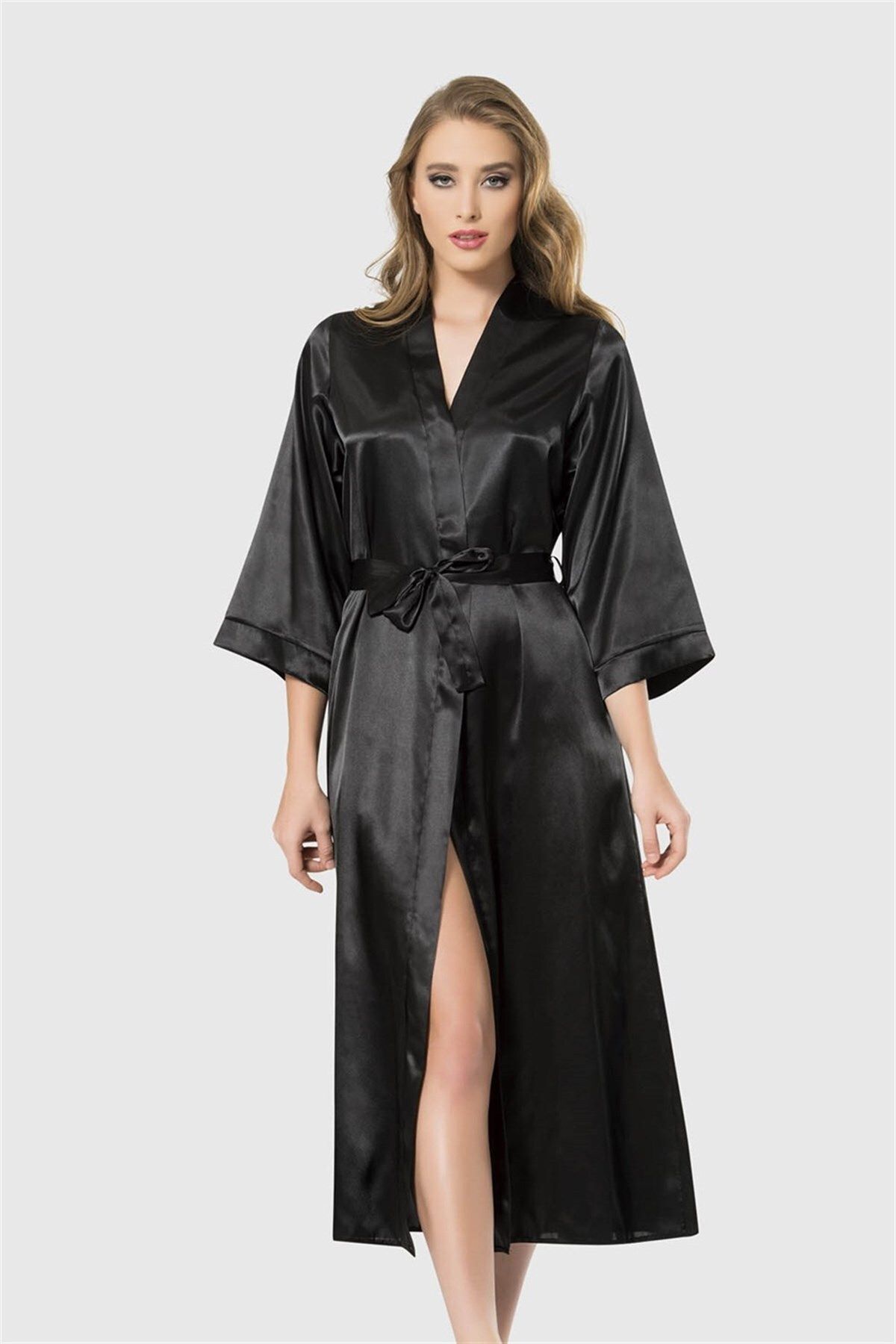 Shop58 Siyah Uzun Saten Sabahlık